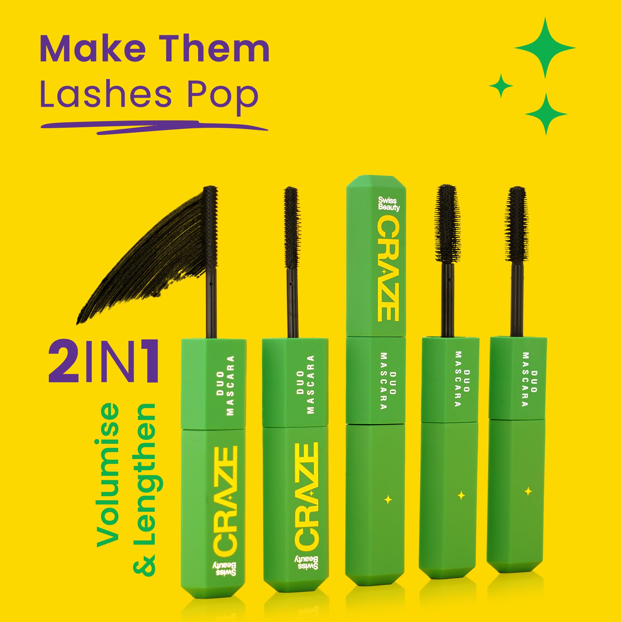 Swiss Beauty Craze Duo Mascara - 2-in-1 Lengthening & Volumizing Mascara | Clump-Free, Smudgeproof & Waterproof Formula | Black, 20ml | Perfect for Day to Night Makeup & Special Occasions