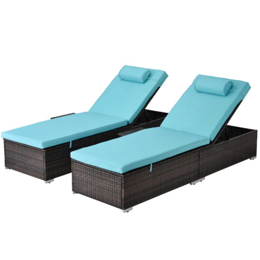 2-Piece Outdoor PE Wicker Chaise Lounge Set - Blue Rattan Patio Reclining Chairs with Adjustable Backrest, Side Table & Comfort Pillow for Poolside, Beach, Garden and Backyard Relaxation