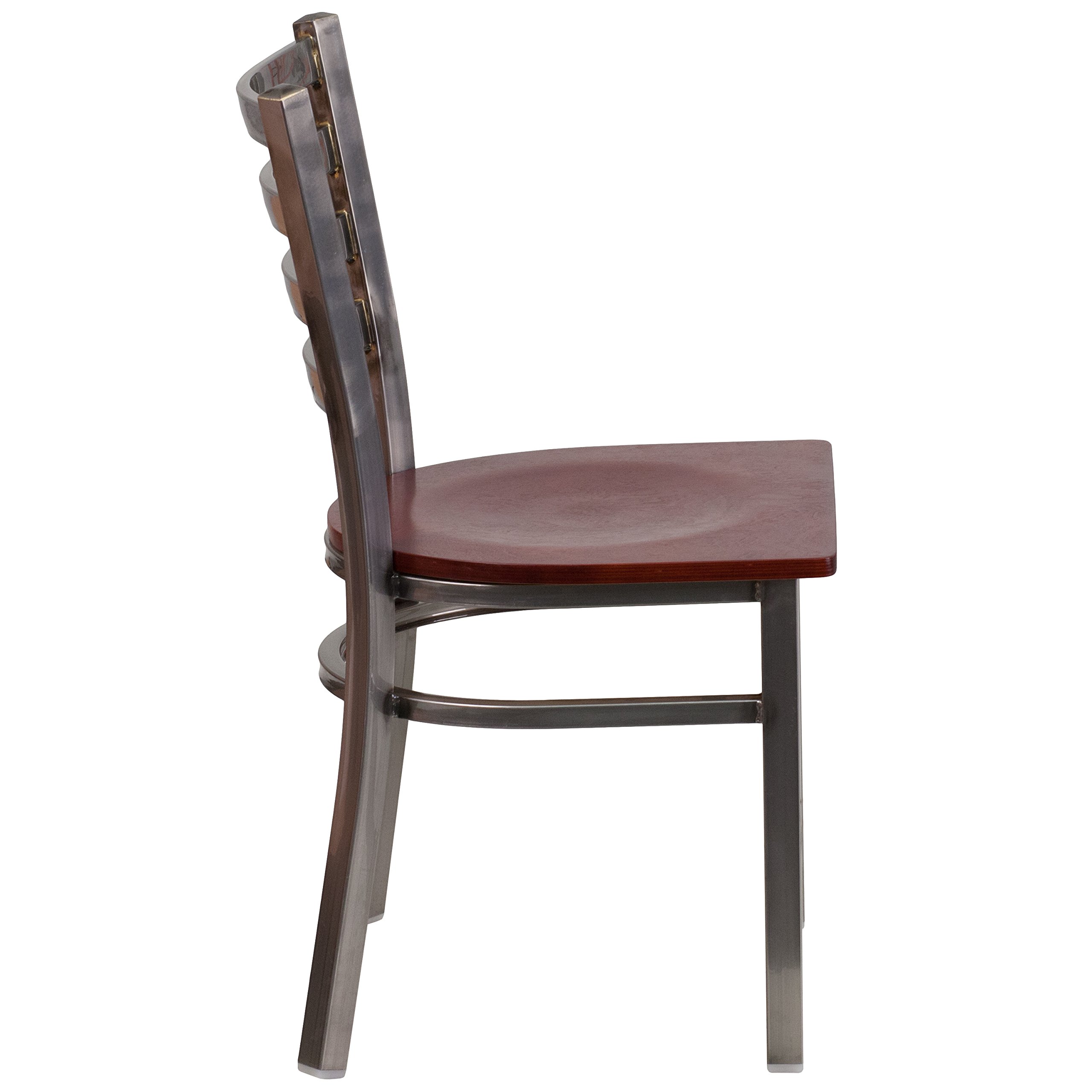 EMMA + OLIVER Clear Coated Ladder Back Metal Dining Chair with Mahogany Wood Seat - Modern Kitchen & Dining Room Furniture for Home, Restaurant, Cafe & Office Use