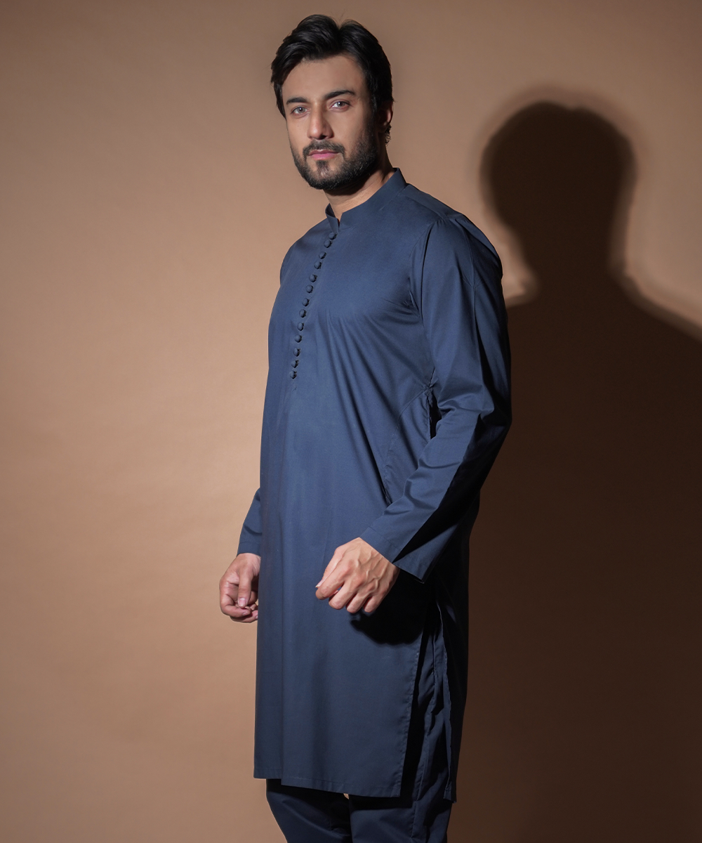 **Navy Blue Kurta Pants Set with Pearl Loop Buttons – Traditional Indian Outfit for Festivals & Weddings**
