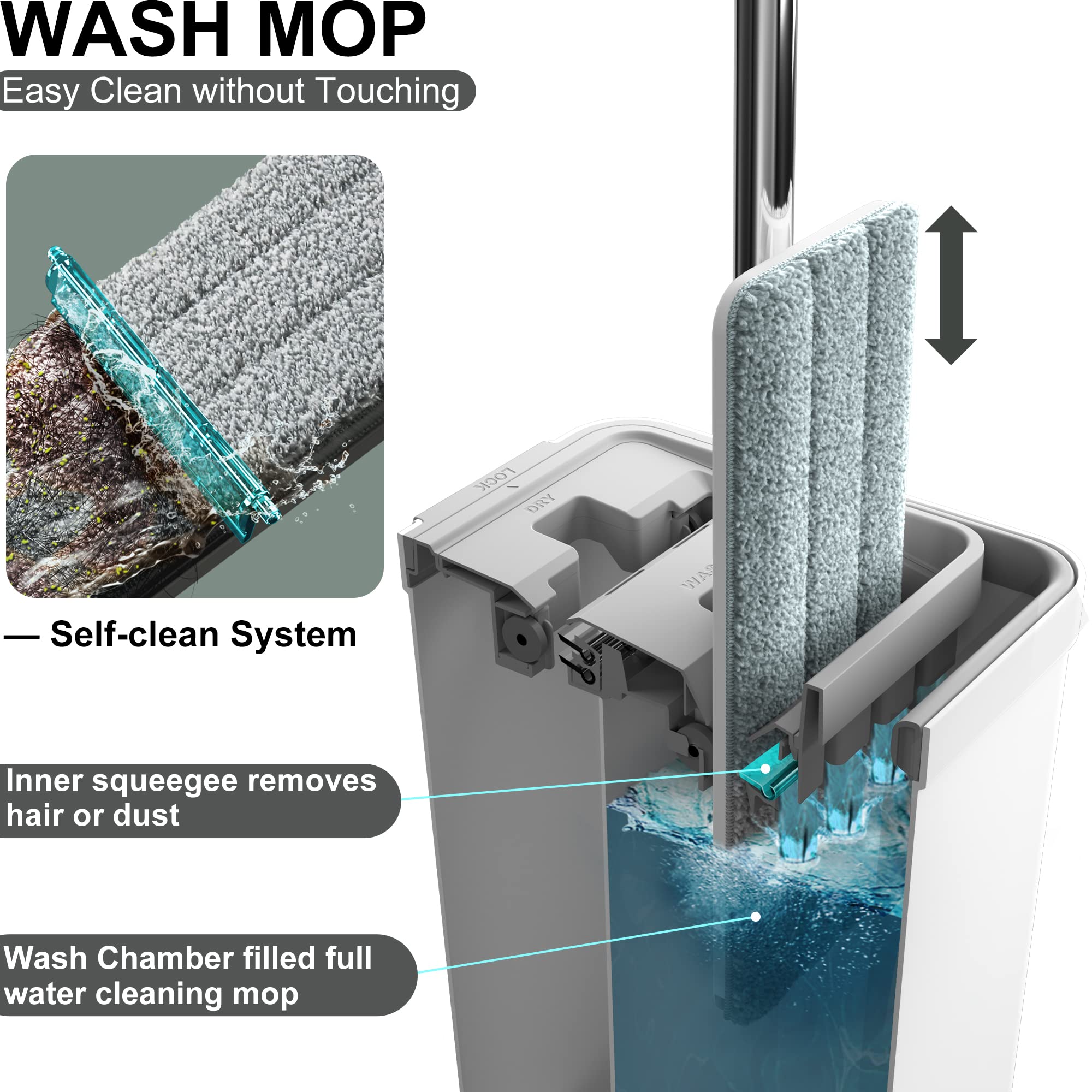 Heavy-Duty Mop and Bucket Set with Wringer | 3 Reusable Microfiber Mop Heads | Wet/Dry Floor Cleaning System for Hardwood, Tile & Laminate Floors | Ideal for Home, Kitchen & Office Cleaning - White
