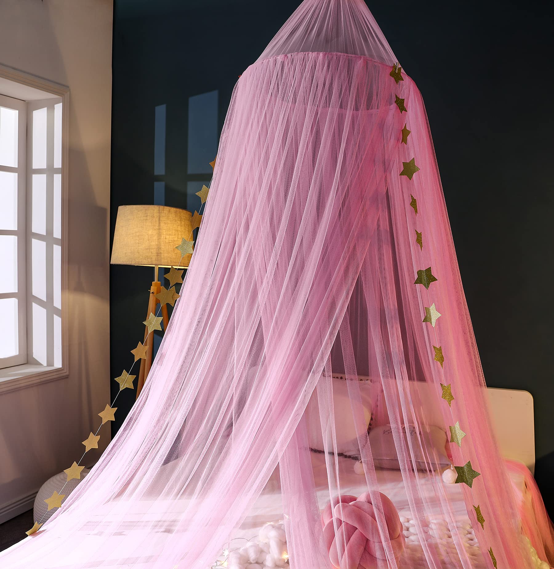 Mengersi Pink Princess Bed Canopy for Girls - Elegant Kids Room Decor & Bedroom Decoration - Perfect for Birthday Gifts, Sleepovers, and Creating a Dreamy Bedroom Atmosphere