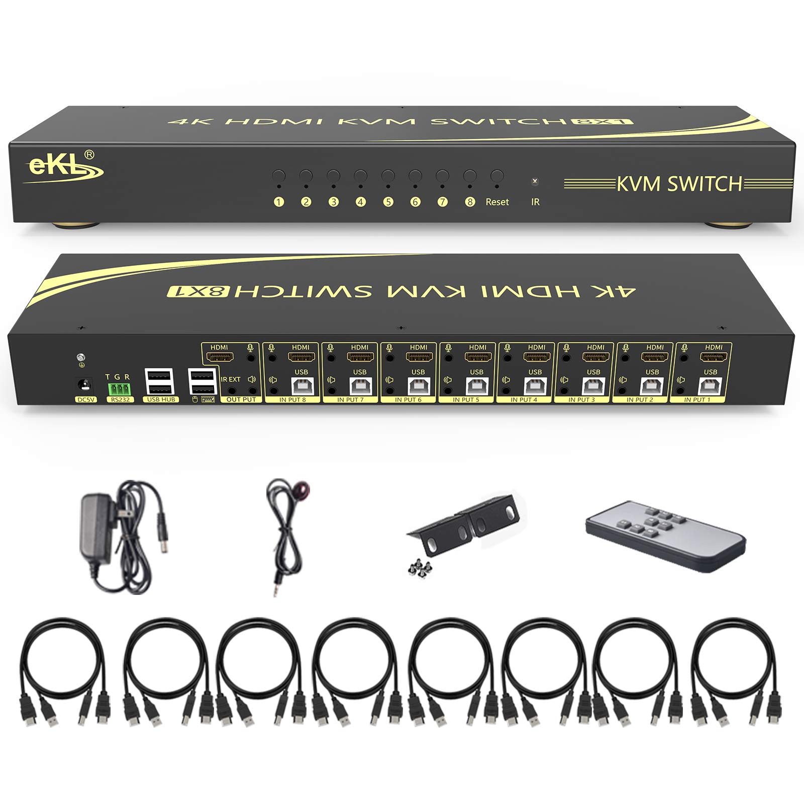 Huasion 8 Port HDMI KVM Switch v2.0 - 4K@60Hz 4:4:4 1080p 3D Support, Hotkey Switching | 8-in-1 Out for Sharing Keyboard & Mouse Among 8 PCs | Perfect for Home Office, Gaming Setup & Multi-Computer Workstations