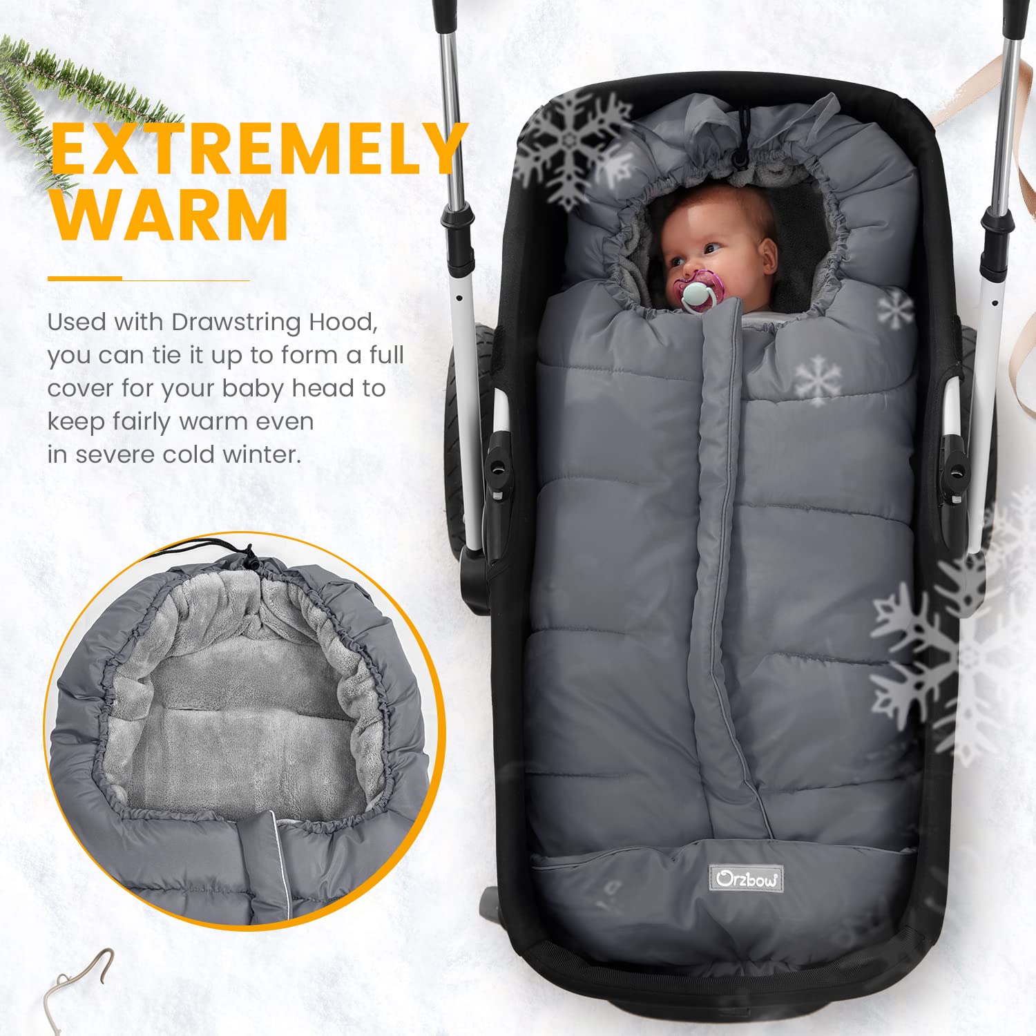 Orzbow Universal Warm Bunting Bag - Waterproof Stroller Sleeping Bag for Toddlers in Cold Weather (Grey) | Perfect for Winter Walks, Outdoor Adventures & Baby Stroller Protection