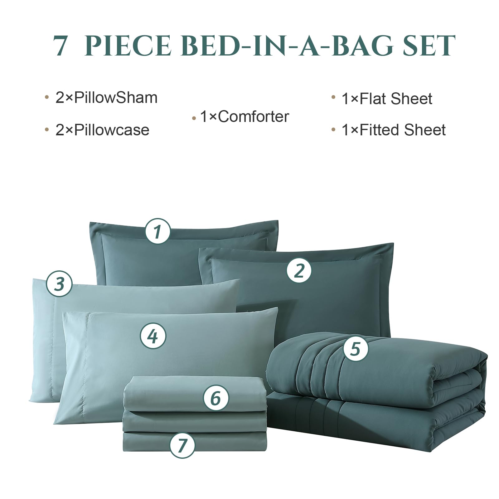 Monbix King Size Comforter Set - 7 Piece All Seasons Bed in a Bag with Down Alternative Comforter, Sheets, Pillowcases & Shams - Dark Green Luxury Bedding for Master Bedroom & Guest Room