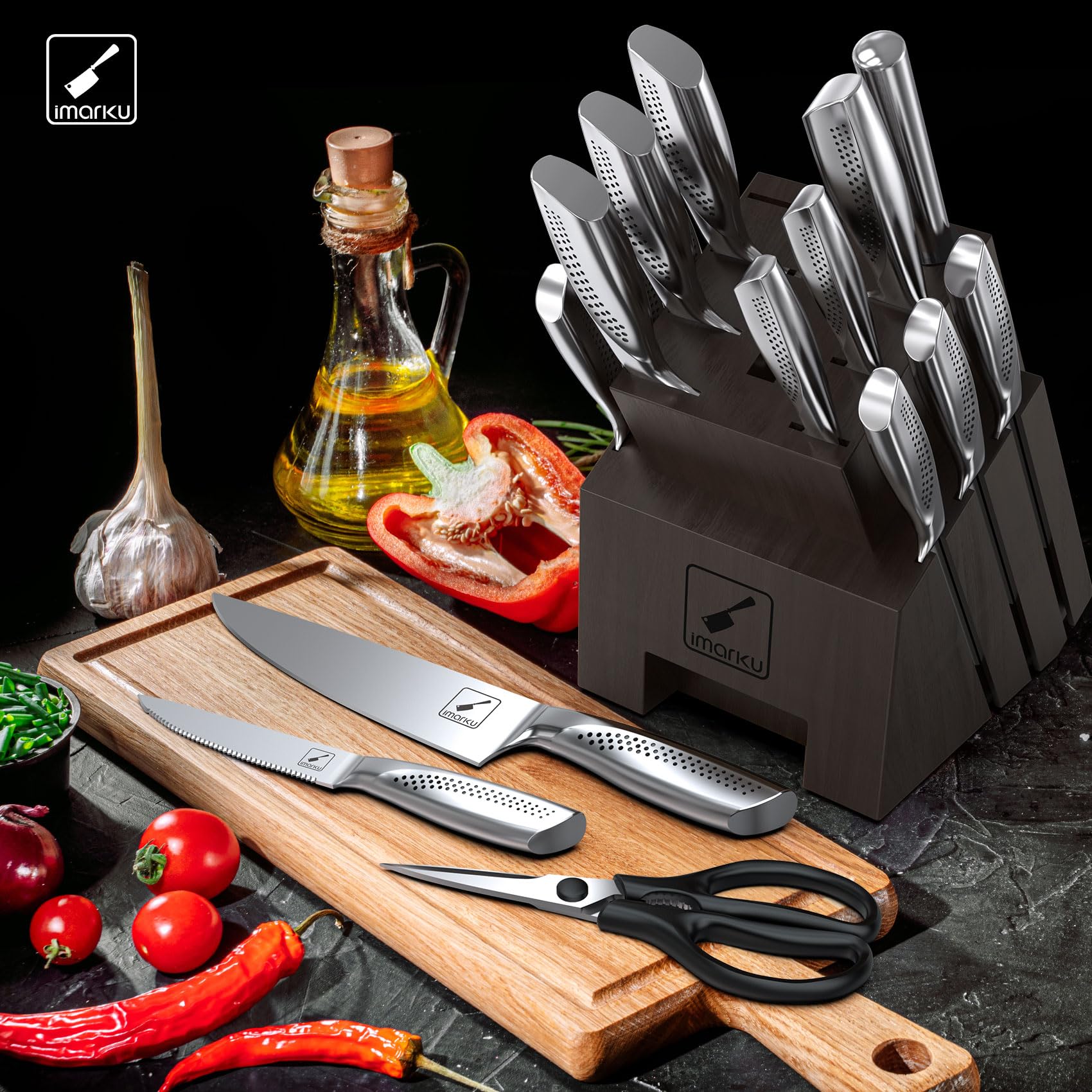 Imarku 16-Piece High Carbon Stainless Steel Kitchen Knife Set with Block - Ultra Sharp Japanese Knives, Non-Slip Ergonomic Handle, Dishwasher Safe - Perfect for Home Chefs, Cooking Enthusiasts & Gift Giving