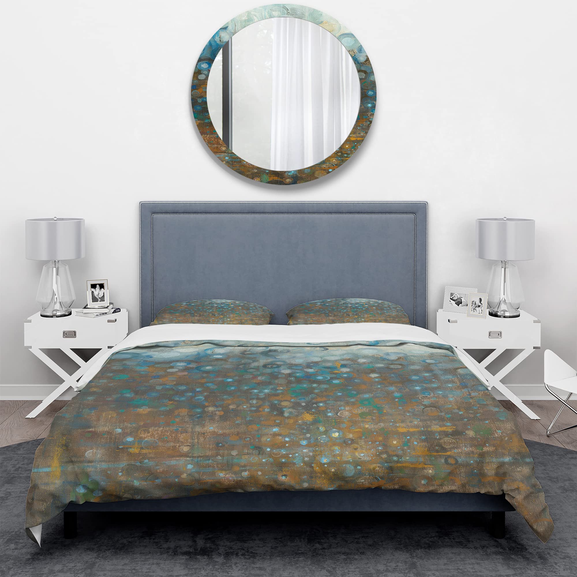 DesignQ Blue and Bronze Dots Modern Duvet Cover Set - King Size 3-Piece Abstract Bedding | All-Season Contemporary Luxury Bedroom Decor for Master Bedroom or Guest Room