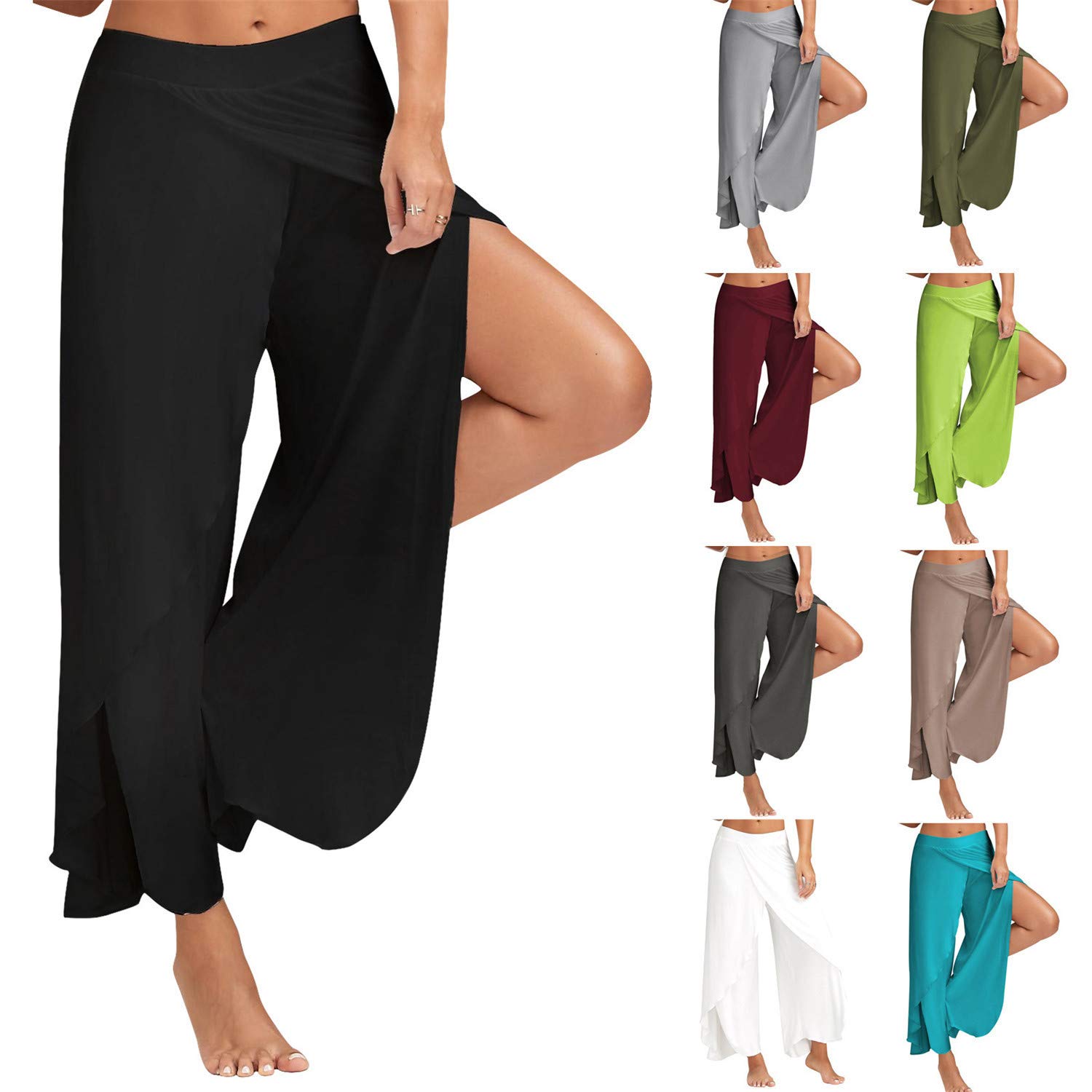 Andongnywell Women's High Slit Flowy Palazzo Pants - Solid Color Cropped Wide Leg Trousers for Summer, Beach, Party & Casual Wear