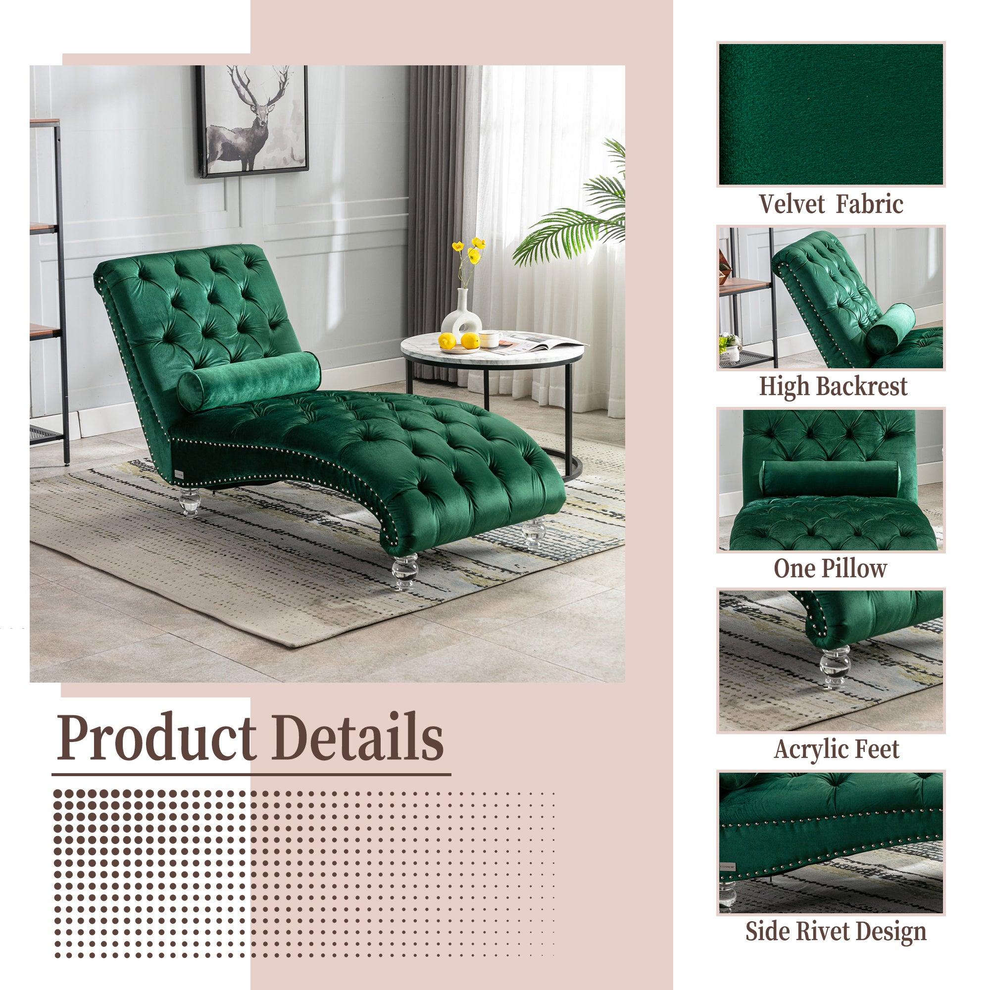 Luxury Velvet Chaise Lounge Chair - Button Tufted Upholstered Sofa with Pillow for Bedroom, Living Room & Office | Emerald Green Velvet Fabric | Perfect for Reading Nook, Lounge Area & Home Decor