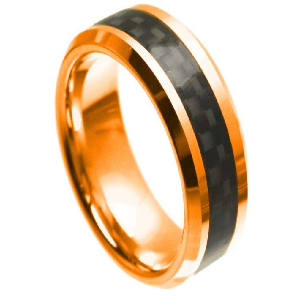 Premium High Polish Gold-Tone Tungsten Ring with Black Carbon Fiber Inlay - Durable Wedding Band for Men & Women, Perfect for Anniversaries, Engagements and Everyday Wear