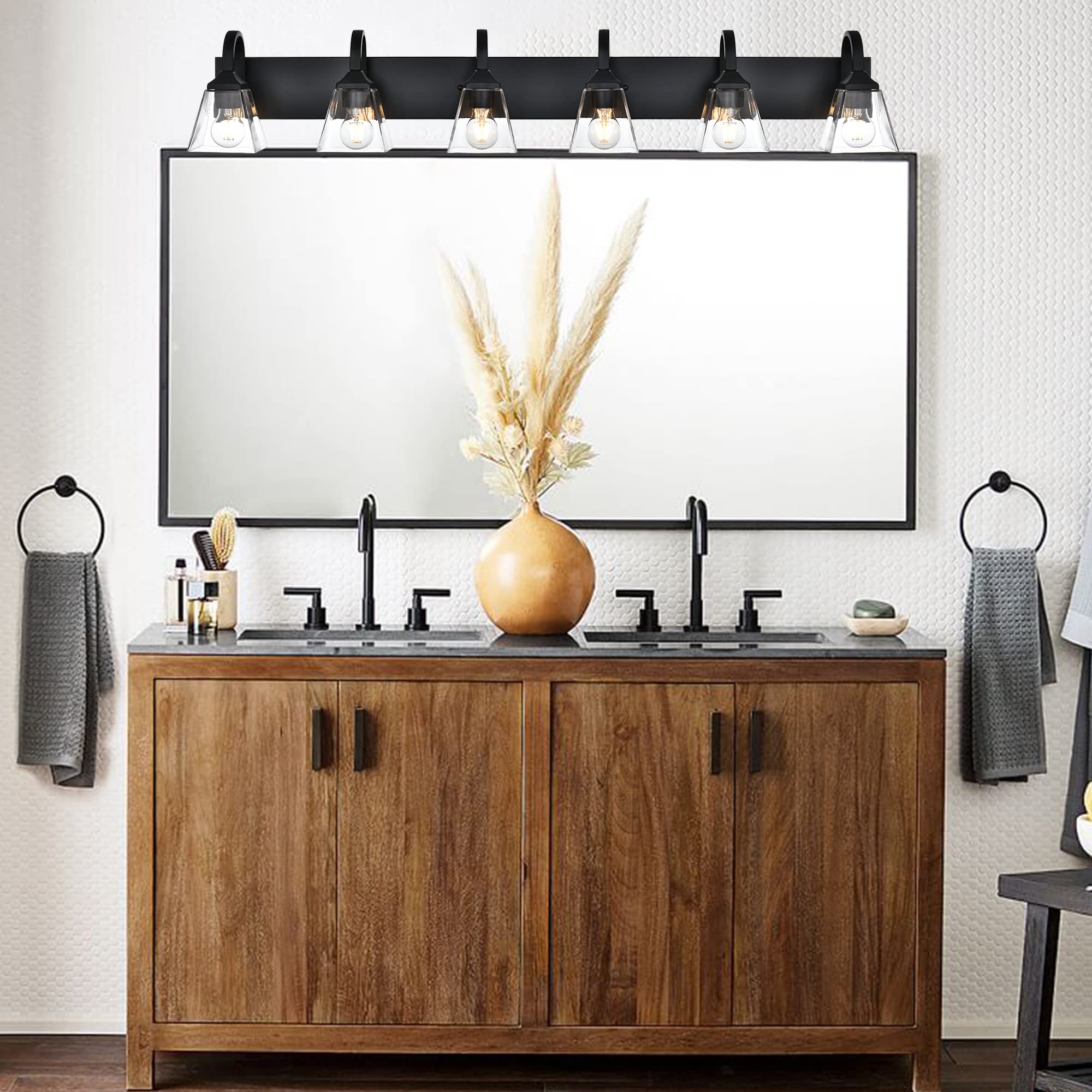 6-Light Vanity Light Fixture, 44.5 Inch Farmhouse Style Bathroom Wall Sconce with Clear Glass Shade - Black Finish for Bathroom Vanity, Dressing Table, Living Room & Bedroom Lighting - Perfect for Modern Home Decor and Cozy Ambiance