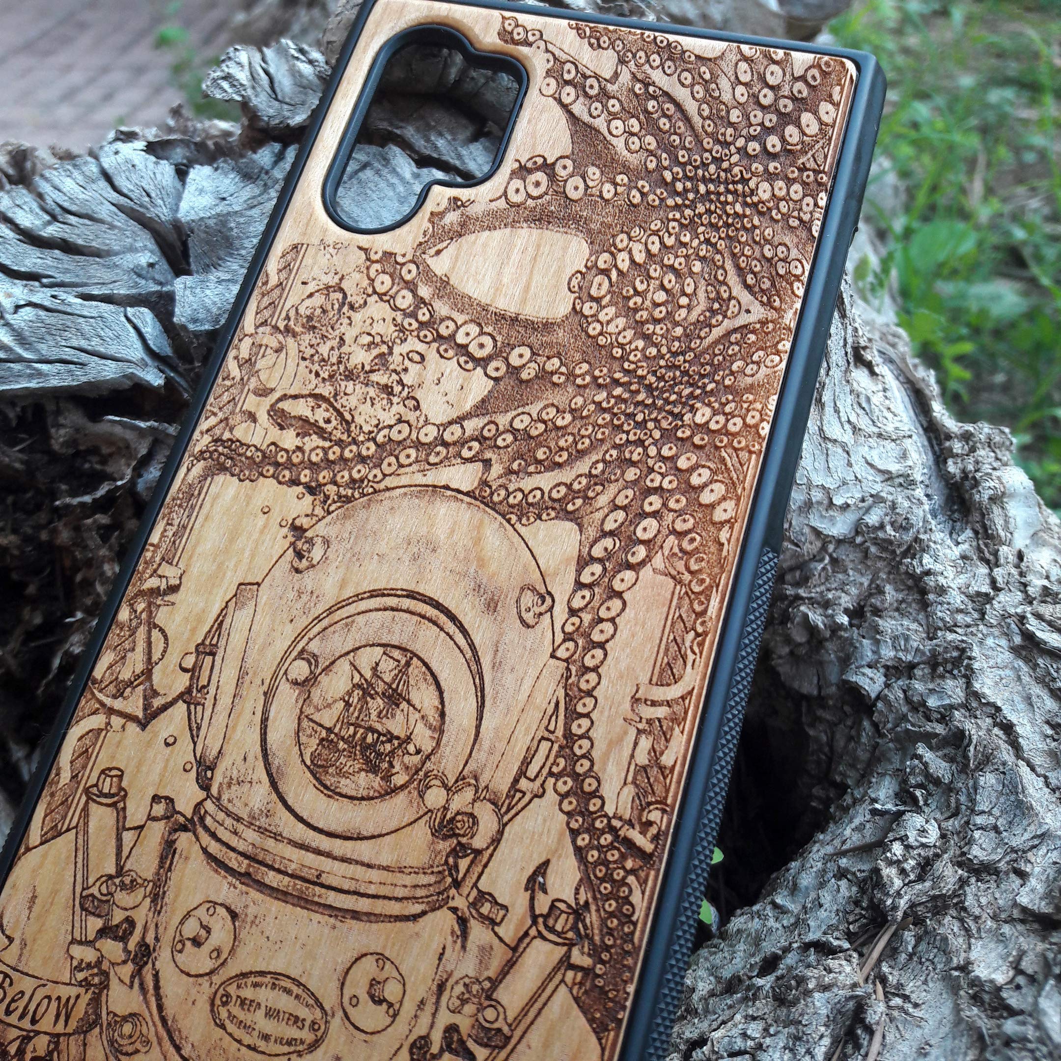 Premium Wooden Phone Case for iPhone 16/15/14/13/12/11 Pro Max/Mini & Galaxy S25/S24/S23/S22/S21/S20 Ultra Plus - Laser Engraved Deep Diver Design, Eco-Friendly Slim Protective Cover - Perfect for Outdoor Adventures & Daily Use