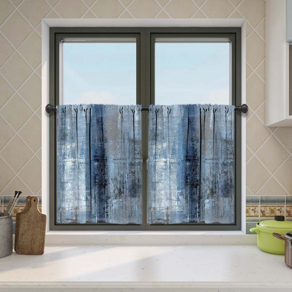 MCALK Blue & Grey Kitchen Curtains Set - 2 Piece Modern Abstract Window Valances for Living Room & Kitchen (24