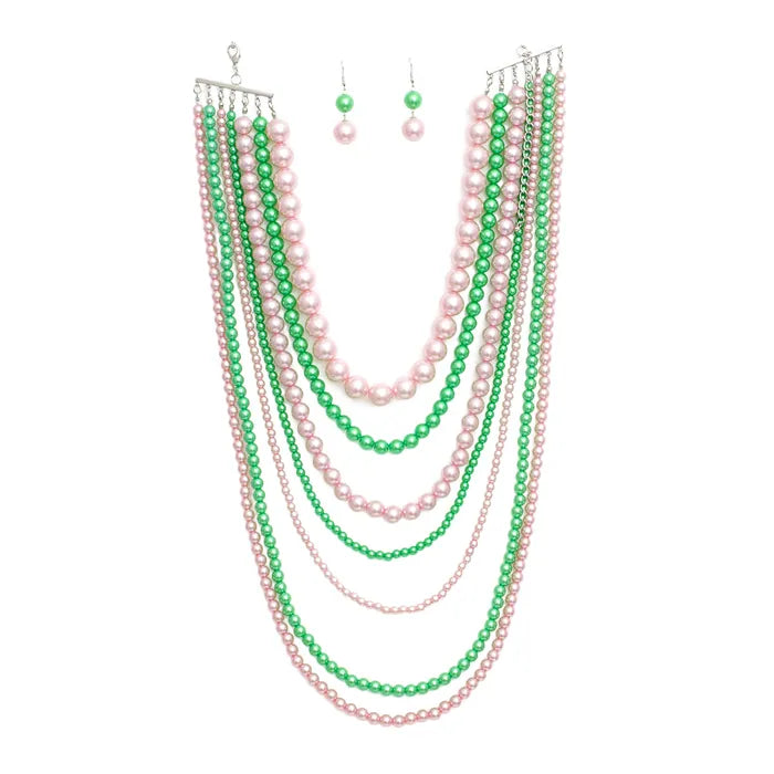 Elegant 7-Row Pink & Green Pearl Necklace for Women | Fashion Statement Jewelry for Parties, Weddings & Special Occasions