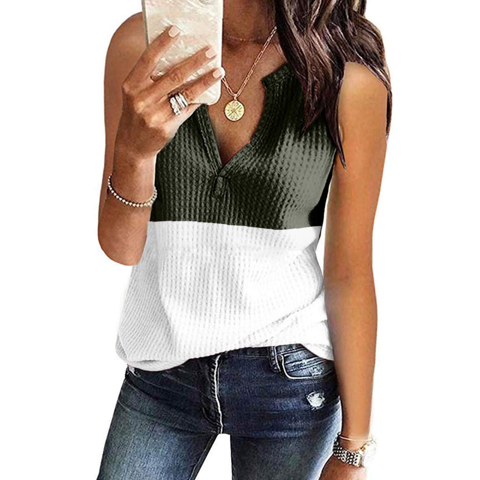 Aniywn Women's Waffle Knit V-Neck Tank Top - Summer Casual Sleeveless Shirt, Loose Fit Blouse with Color Block Design | Perfect for Beach, Vacation & Everyday Wear