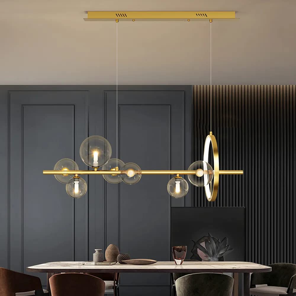 LOVEDIMA Gold Linear Lantern Pendant Lighting - Modern 7-Light Metal Kitchen Island Chandelier with Glass Globe Shade | Hanging Ceiling Light Fixture for Dining Room, Foyer & Farmhouse Decor