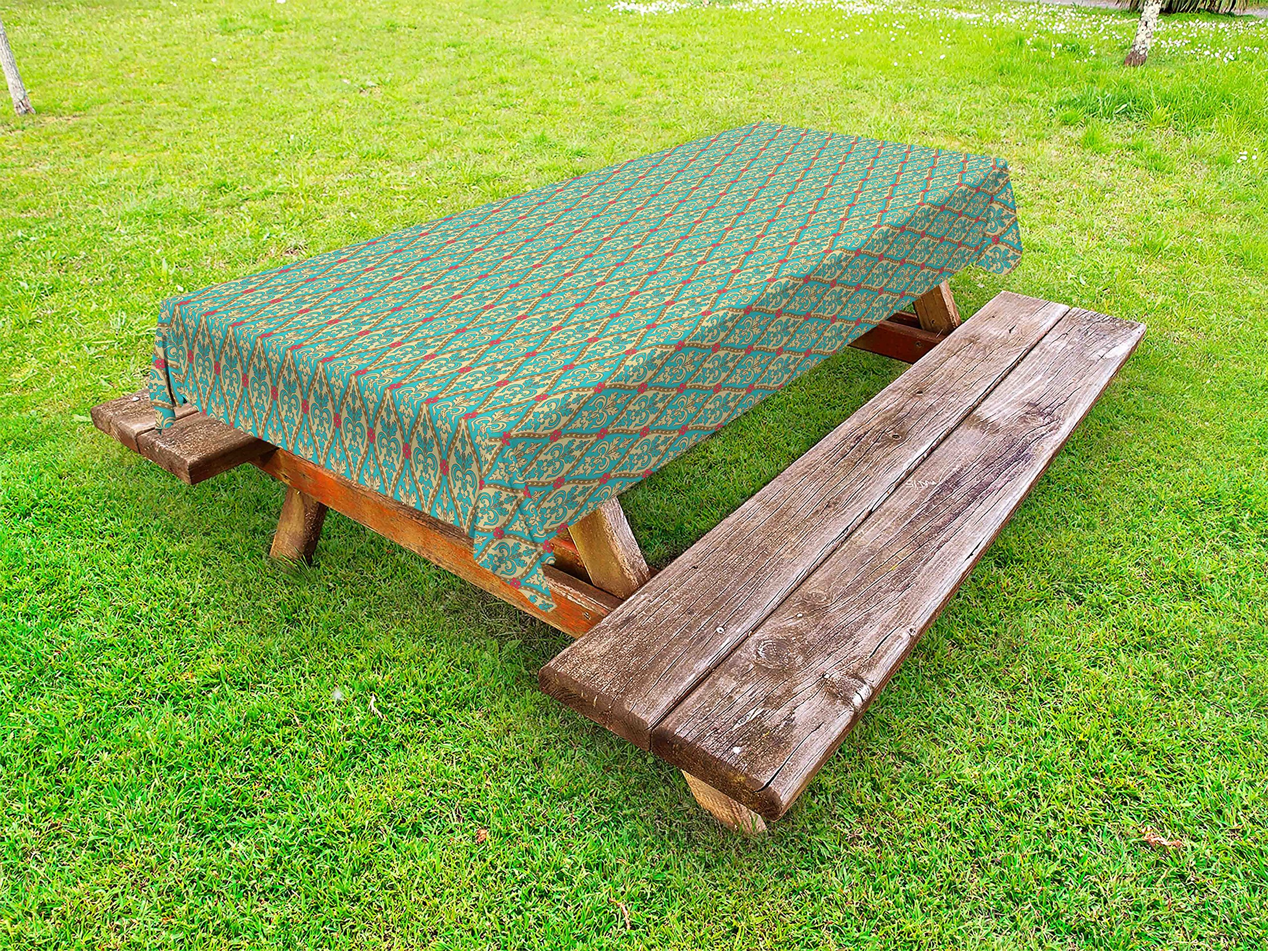 Vintage Floral Leaves Turquoise Outdoor Tablecloth - Washable Picnic Table Cover 58