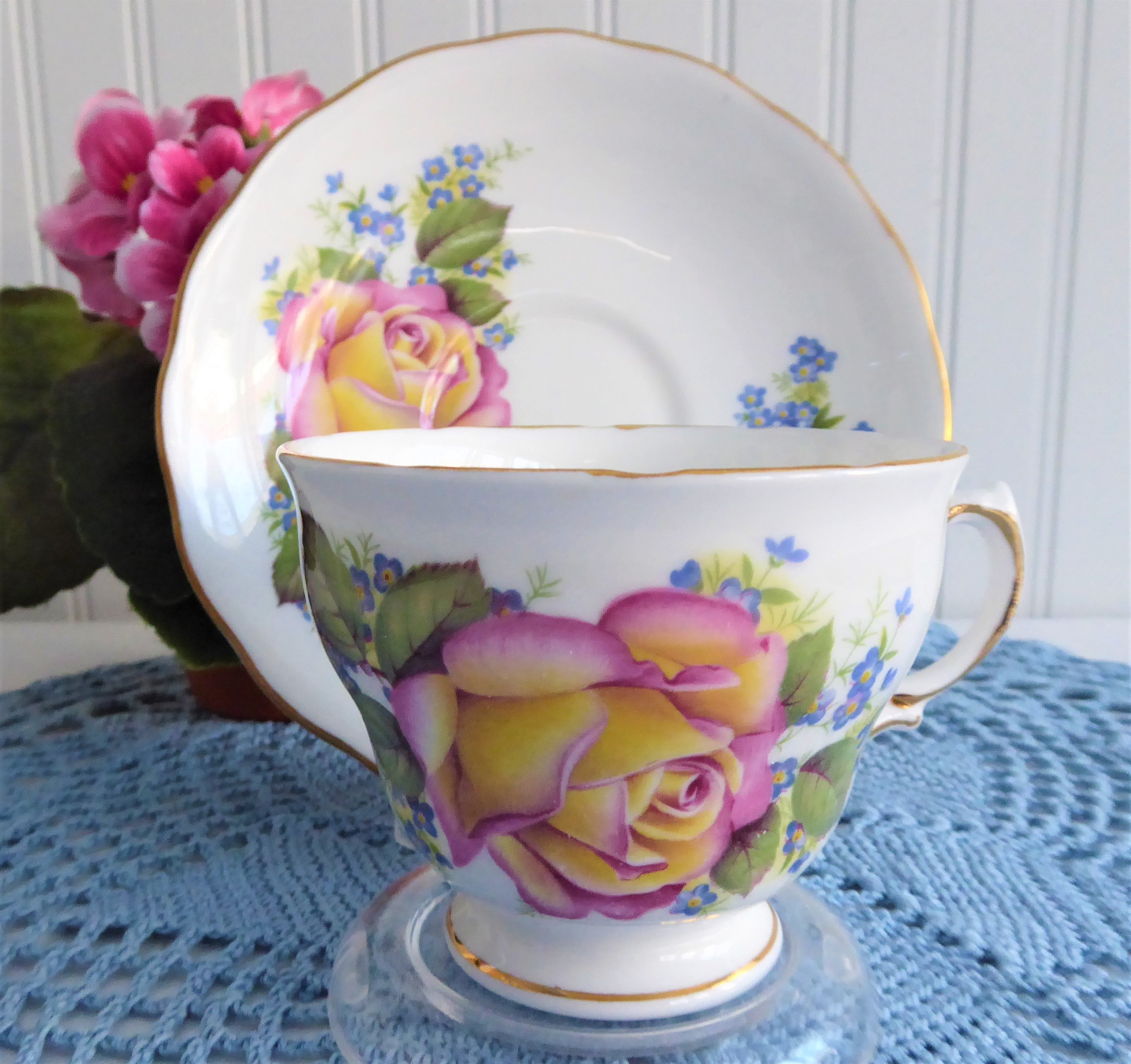 Vintage 1960s Royal Vale English Bone China Tea Cup and Saucer Set - Pink & Yellow Rose with Forget-Me-Not Floral Design | Elegant Afternoon Tea, Bridal Shower Gift, Collectible Fine China