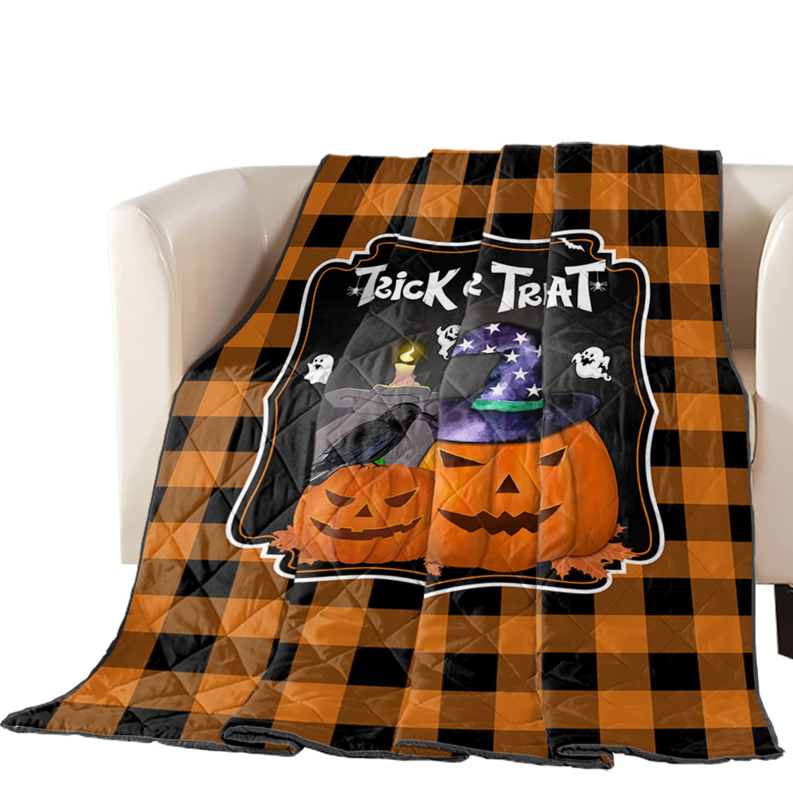 Halloween Ghost Pumpkin & Witch Hat Down Alternative Comforter - Reversible Plush Quilted Lightweight All Season Duvet Insert - Soft Blanket for Couch, Sofa & Bed - Black Orange Buffalo Check - Perfect for Spooky Decor & Cozy Fall Nights