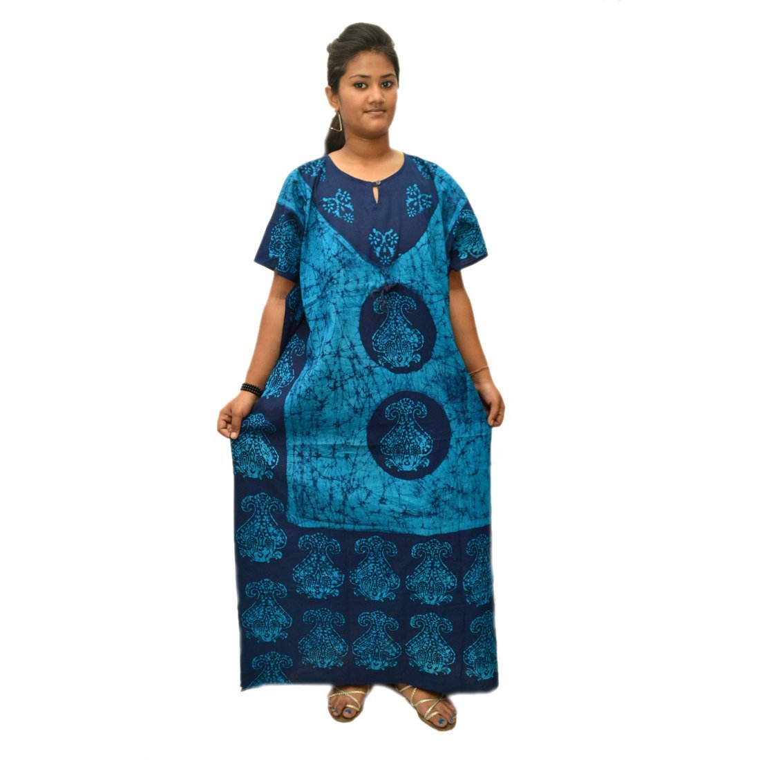 Odishabazaar Women's Cotton Caftan Nightgown - Navy Blue Batik Print Maxi Dress for Sleepwear, Beach Cover-Up & Boho Summer Outfit