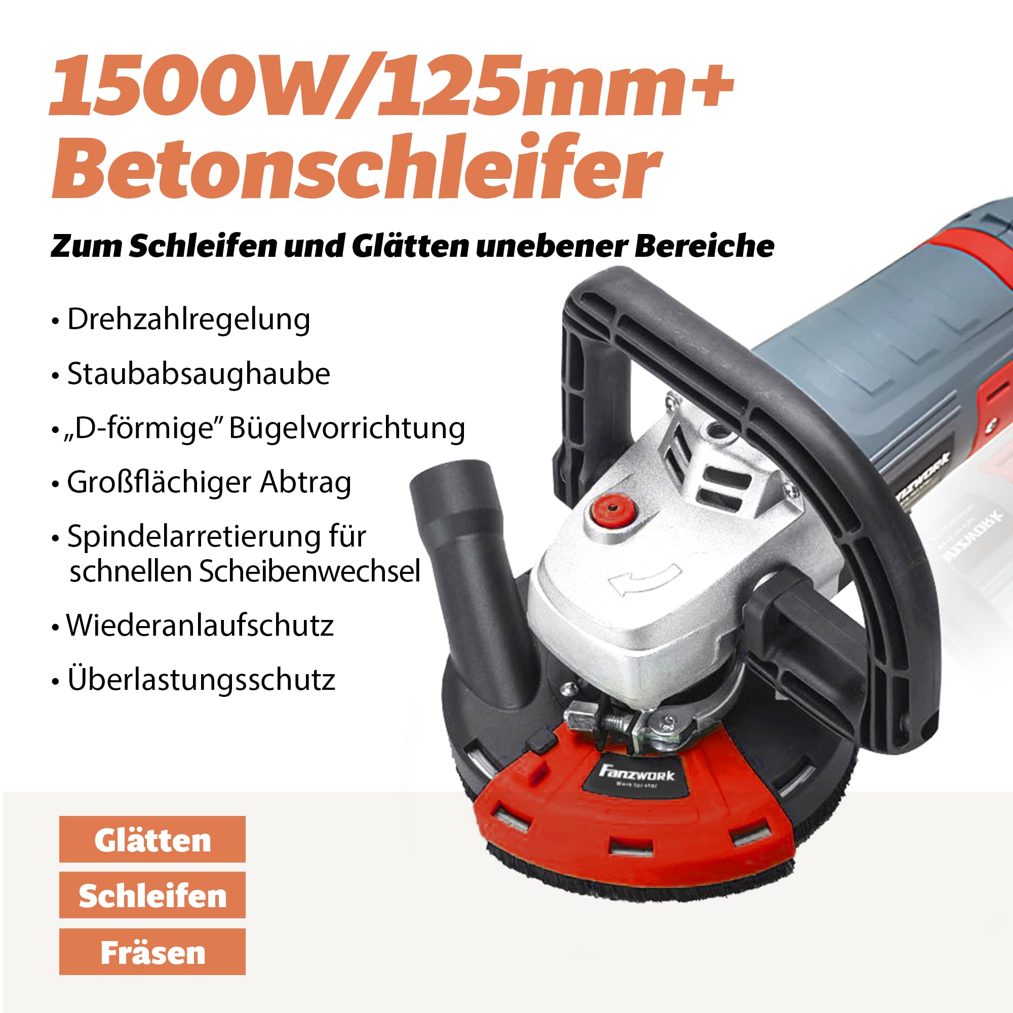 FANZWORK 1500W 125mm Concrete Grinder & Cutter Set with Diamond Cup Wheel & Suction Bonnet - Perfect for Floor Polishing, Surface Preparation, and DIY Home Renovation Projects