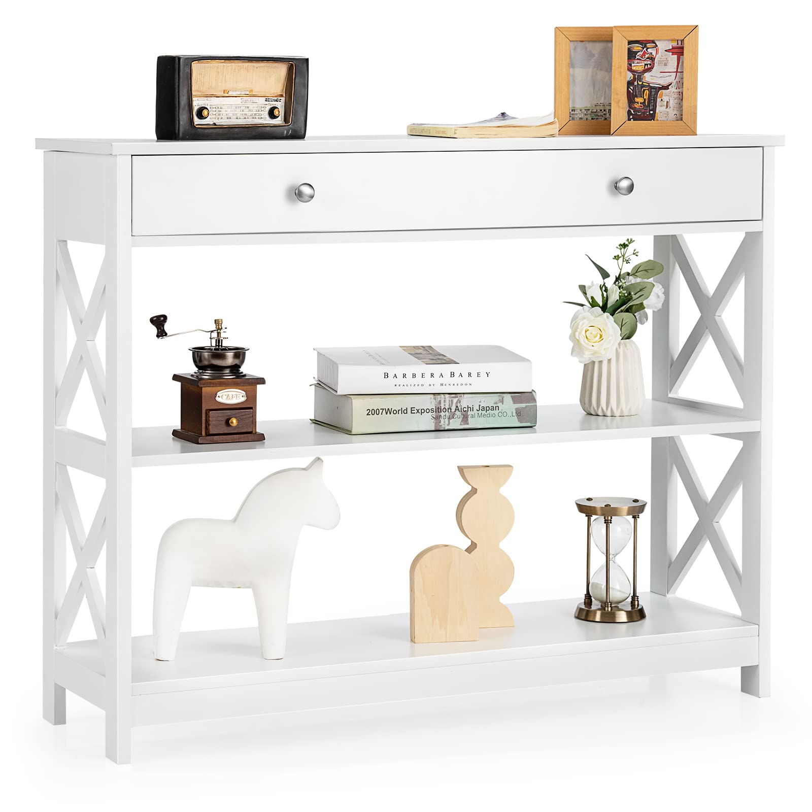 Giantex 3-Tier Console Table with Drawer & Storage Shelves - X-Design Entryway Table for Hallway, Living Room & Bedroom - White Sofa Side Table | Perfect for Small Spaces, Home Decor & Organizing Essentials