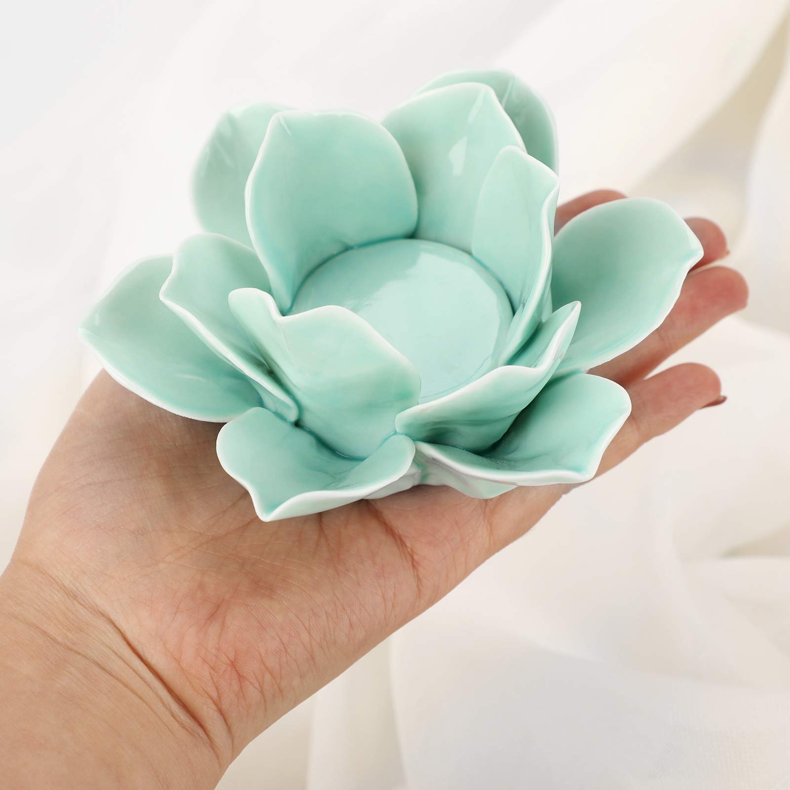 OwnMy 4.5 Inch Green Ceramic Lotus Flower Tealight Holder - Elegant Lotus Petals Candle Holder for Home Decor, Wedding, Party & Meditation - Includes Gift Box | Perfect for Centerpieces, Spa Relaxation & Yoga Room Ambiance