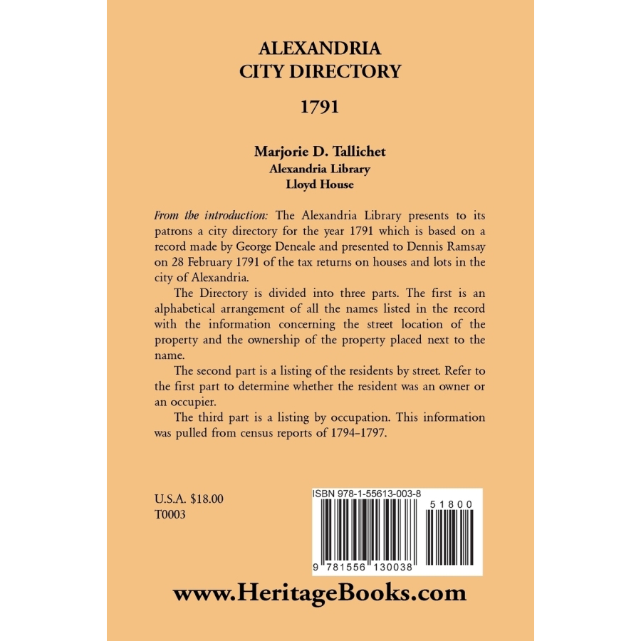 Alexandria Virginia City Directory 1791 - Historical Genealogy & Local Research Resource for Ancestors & Family History