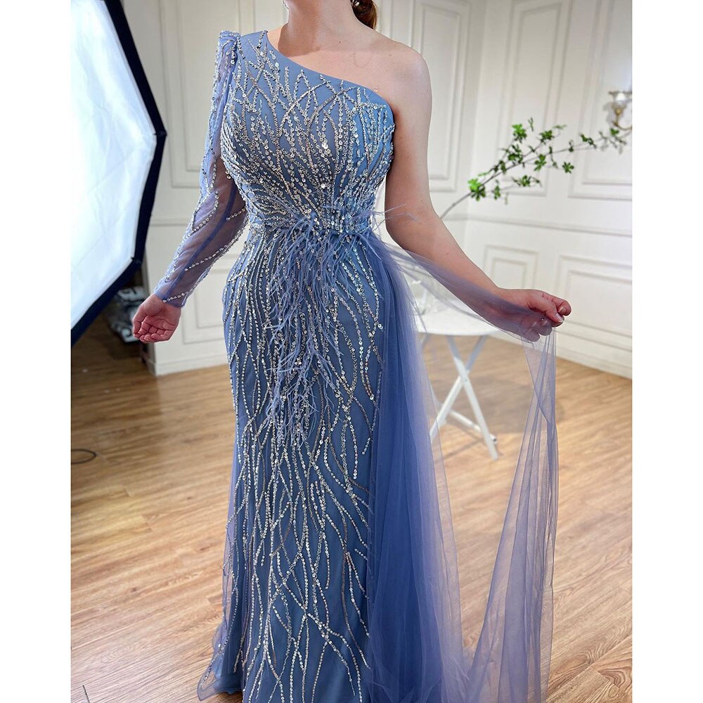 Elegant Grey Mermaid Evening Dress with Feather Skirt & Beaded One Shoulder - Women's Formal Gowns for Prom, Wedding, Red Carpet & Special Occasions 2025