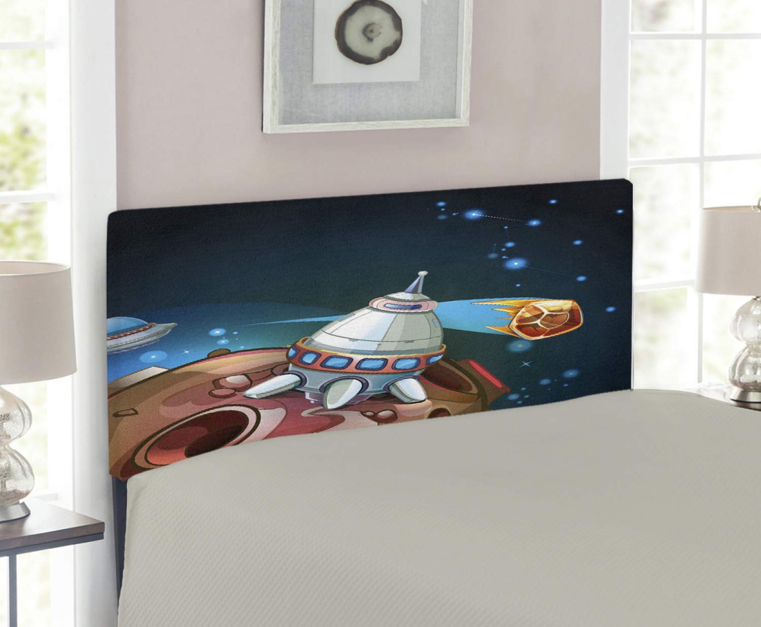 Ambesonne Cartoon Spacecraft Planets Outer Space Theme Twin Size Upholstered Headboard with Memory Foam - Galaxy Cosmic Rocket Stars Design, Decorative Metal Bed Headboard for Kids Room, Nursery, or Space-Themed Bedroom Decor