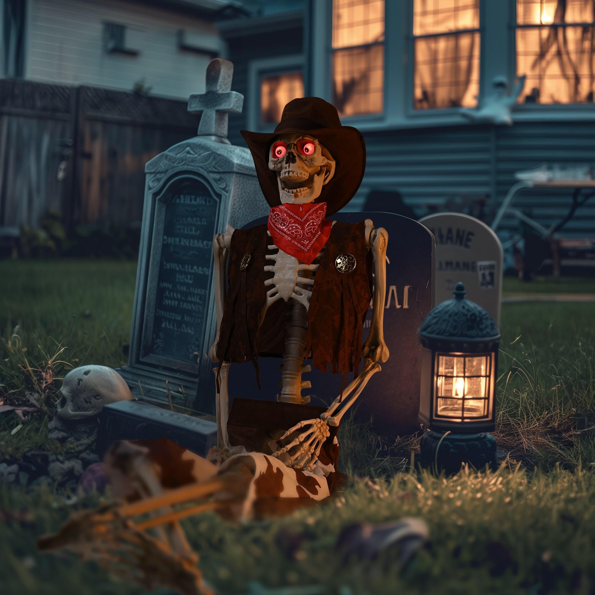 Life-Size Poseable Skeleton - 5.4ft Western Cowboy Halloween Decoration with Glowing Eyes | Haunted House Props, Party Decor, Photo Booth Backdrop (2024 Edition) - Perfect for Halloween Parties, Haunted Attractions, and Spooky Home Decor