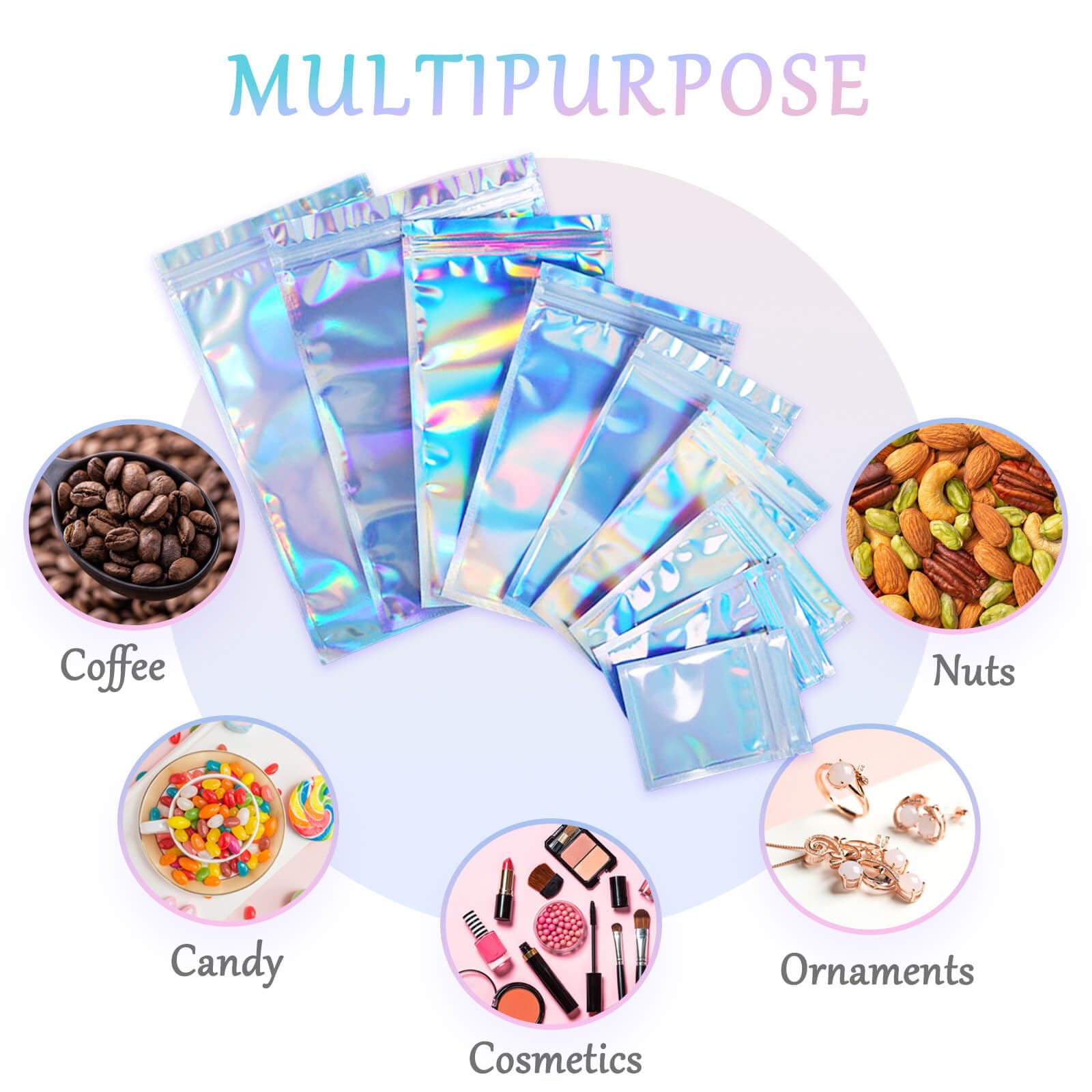 Holographic Mylar Bags 2.3x3 Inch - 100 Pack Resealable Foil Pouches for Food Storage, Candy, Jewelry & Small Item Packaging | Perfect for Snacks, Beads, Crafts & Travel Organization