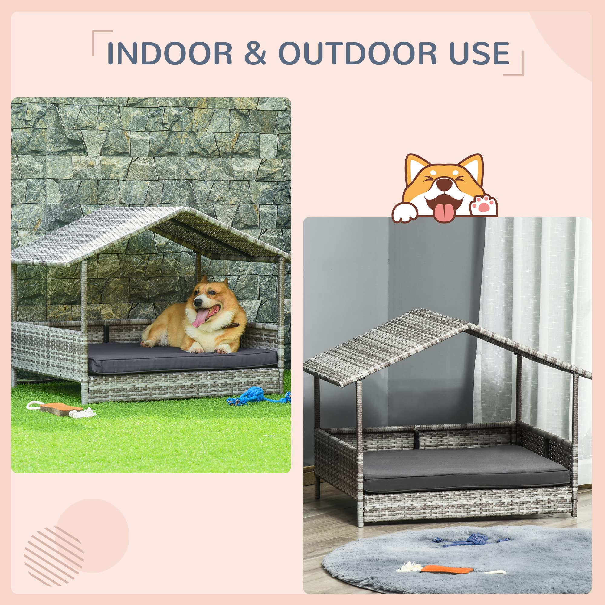 PawHut Outdoor Wicker Dog House with Canopy - Rattan Pet Bed with Waterproof Cushion - Elevated Dog Bed for Small & Medium Dogs up to 66 lbs (19.75