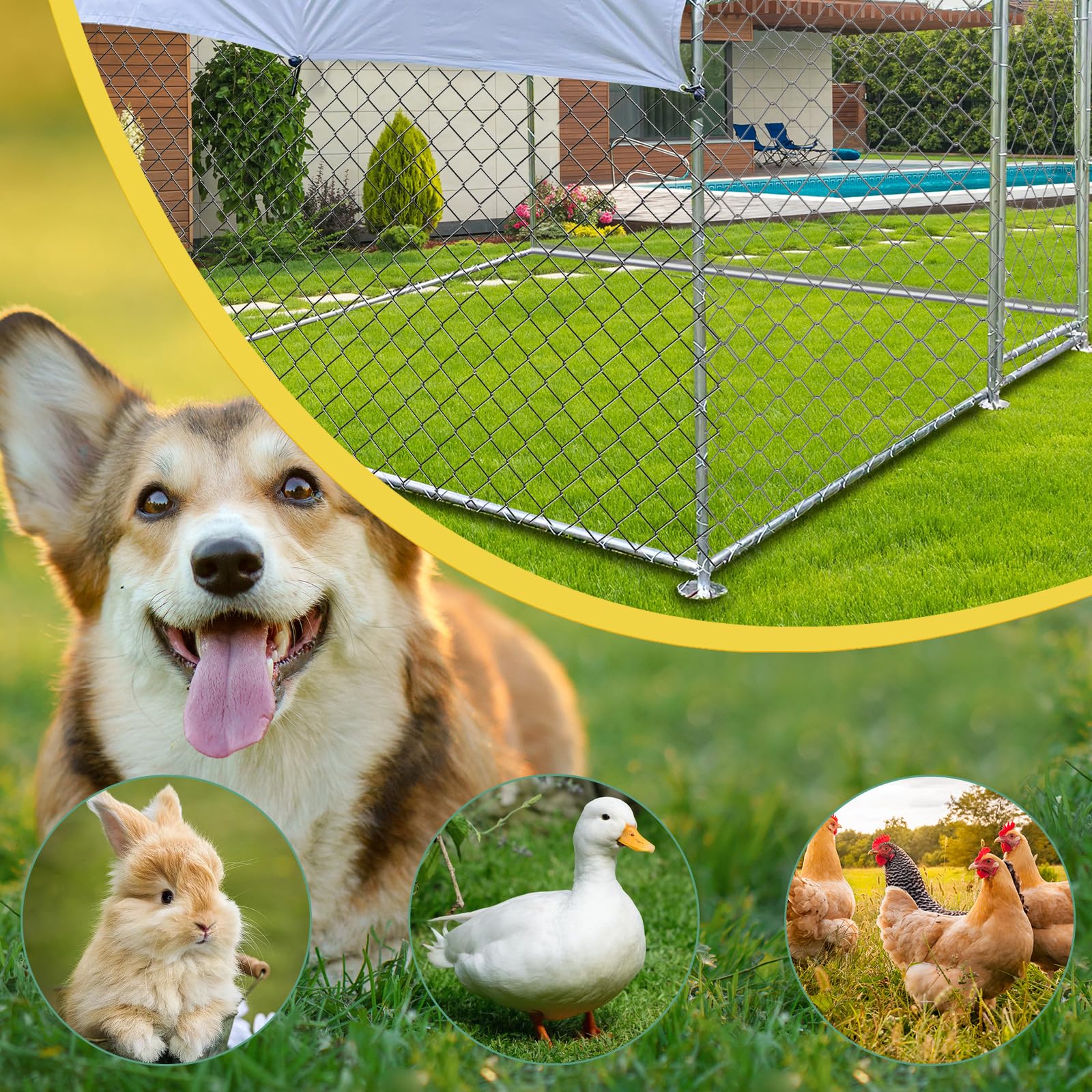 6.6 x 6.6FT Heavy Duty Outdoor Dog Kennel with Roof - Rust-Proof Chain Link Dog Cage for Backyard, Waterproof & UV-Resistant Cover - Perfect for Large Dogs, Pet Safety & Outdoor Playtime