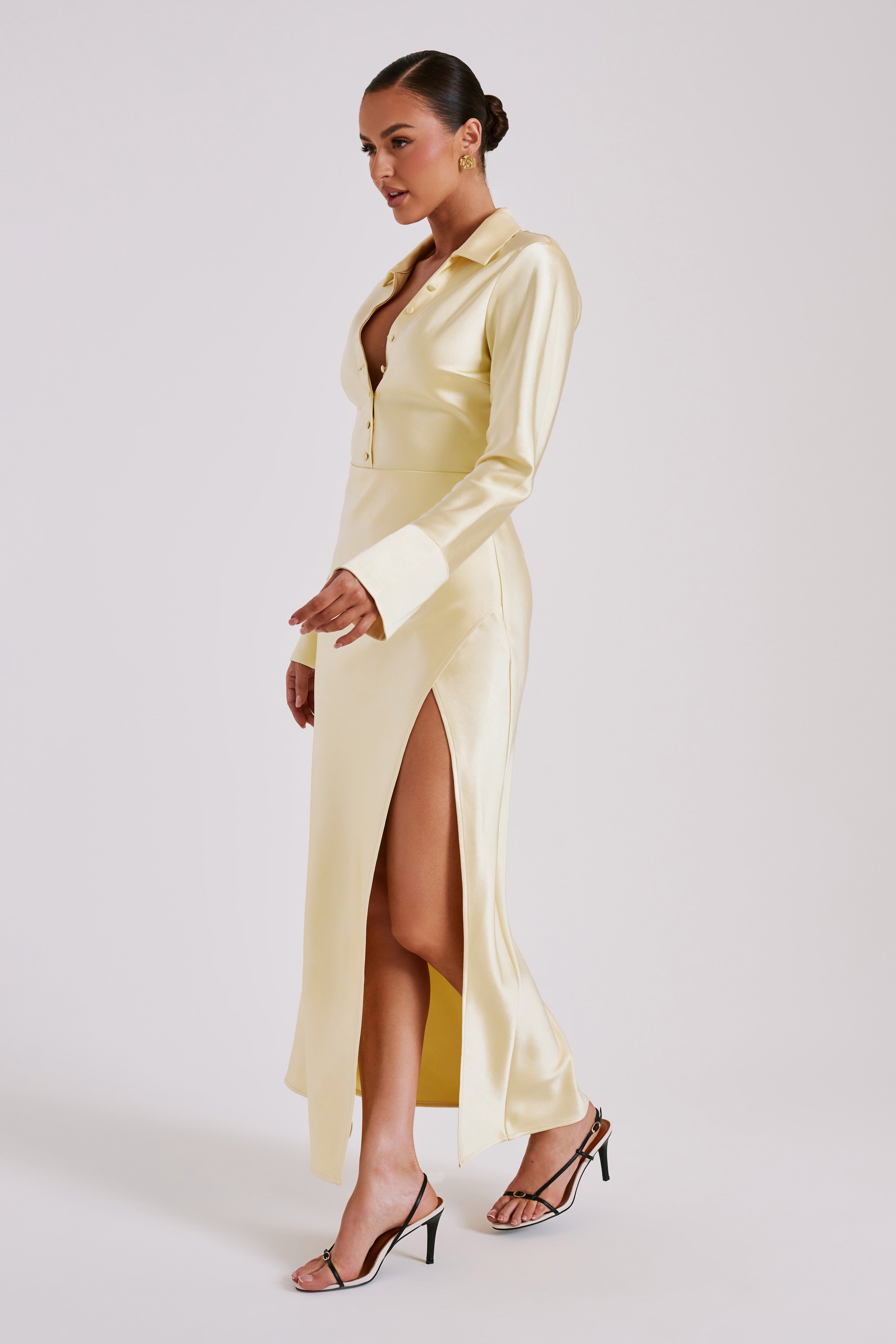 Whitley Satin Collared Maxi Dress in Butter Yellow - Elegant Formal Evening Gown for Weddings, Parties & Special Occasions