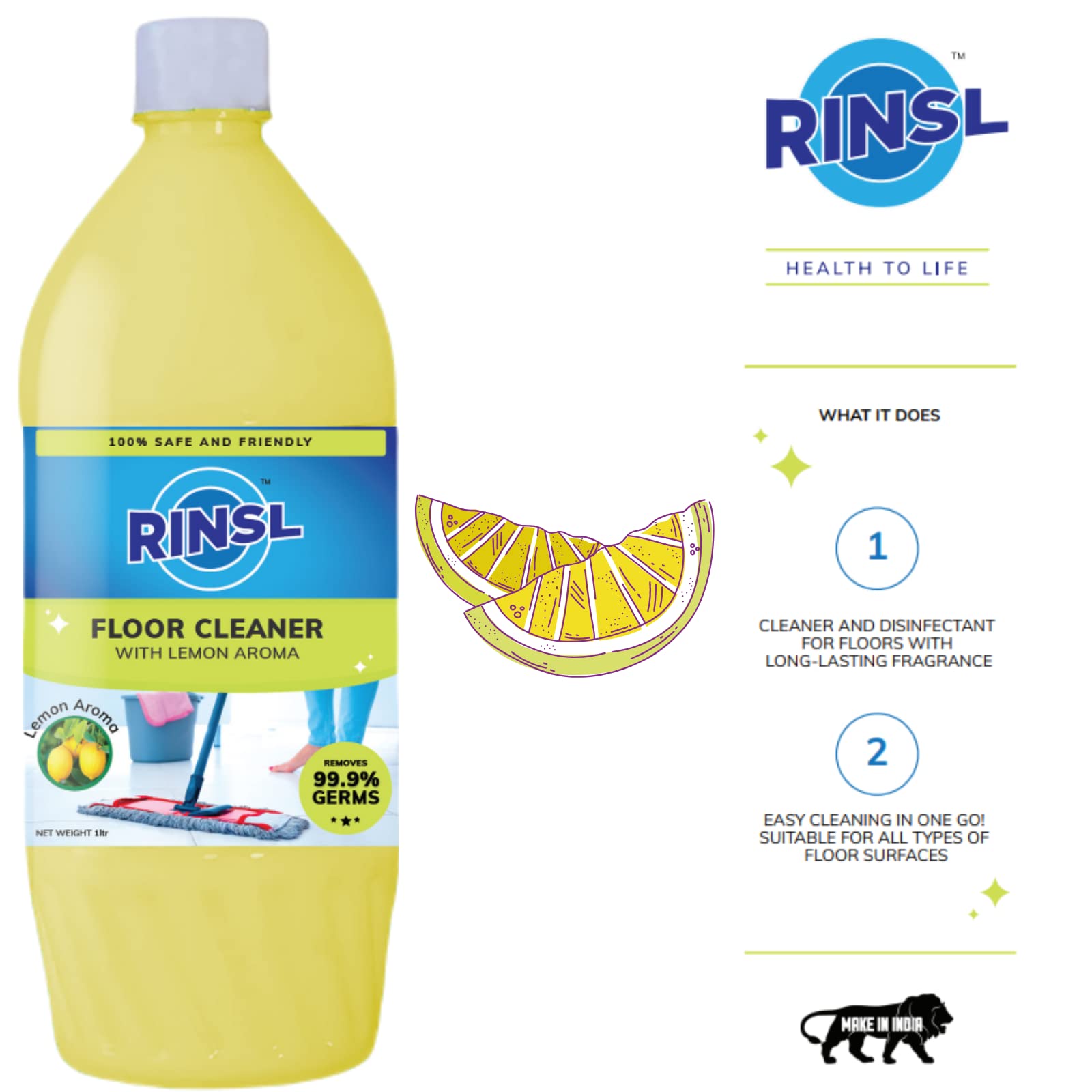 Rinsl Aroma Floor Cleaner - Lemon Scent 1 Liter | All-Natural Cleaning Solution for Hardwood, Tile & Laminate Floors | Fresh Citrus Fragrance for Home & Office Use