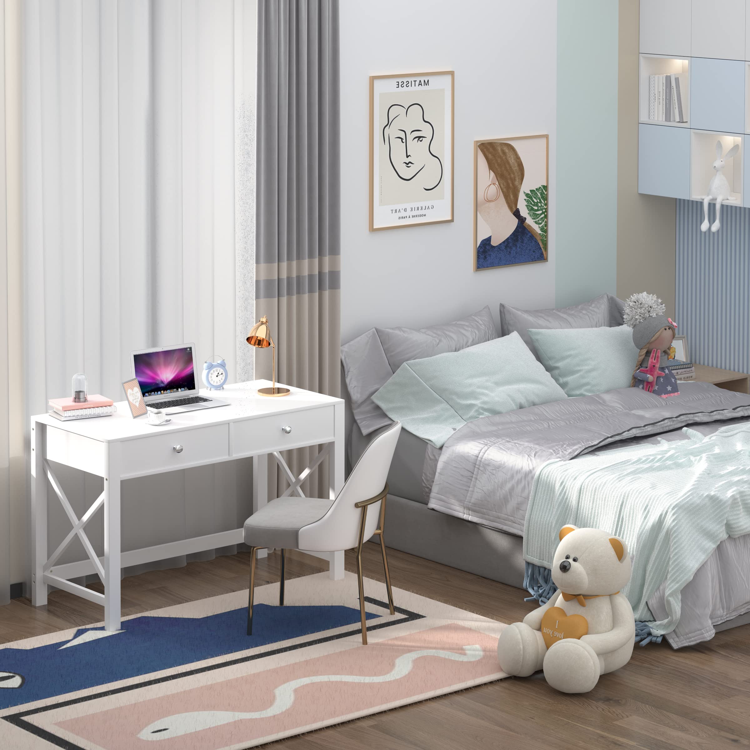 EdMaxwell WiberWi Home Office Desk with Drawers - White Modern Writing Computer Desk, Small Makeup Vanity Table for Bedroom & Study Desk for Home Office - Perfect for Remote Work, Online Classes & Makeup Application