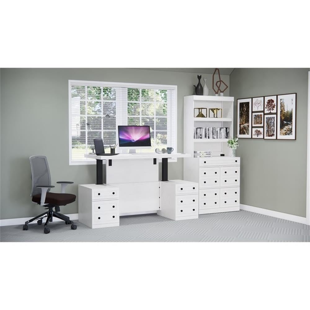 Windsor White Solid Wood Adjustable Height Sit-Stand Desk with Storage Drawers & File Cabinet - Home Office Workstation for Remote Work & Study