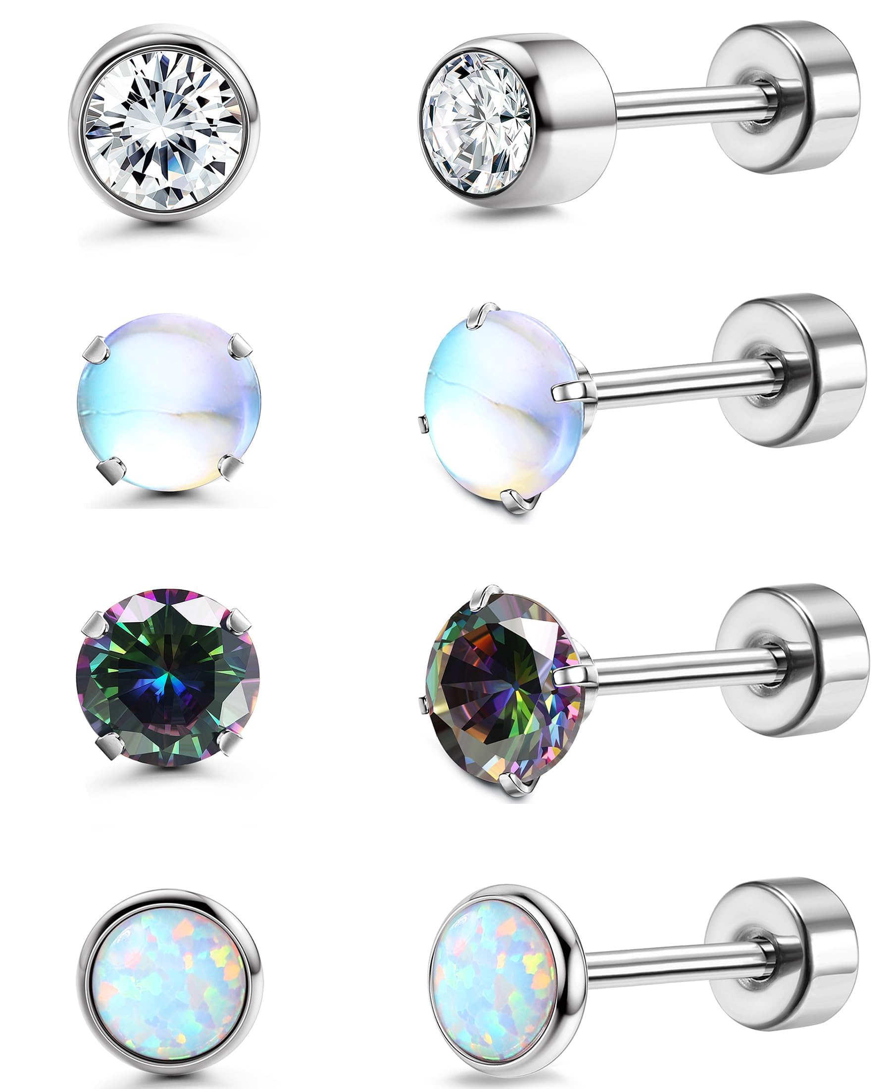FIOROYAL 4 Pairs Titanium Earrings Studs for Women & Men - Opal, Moonstone, Onyx & Cubic Zirconia Flat Back Cartilage Earrings | Hypoallergenic, Comfort Fit for Daily Wear & Special Occasions