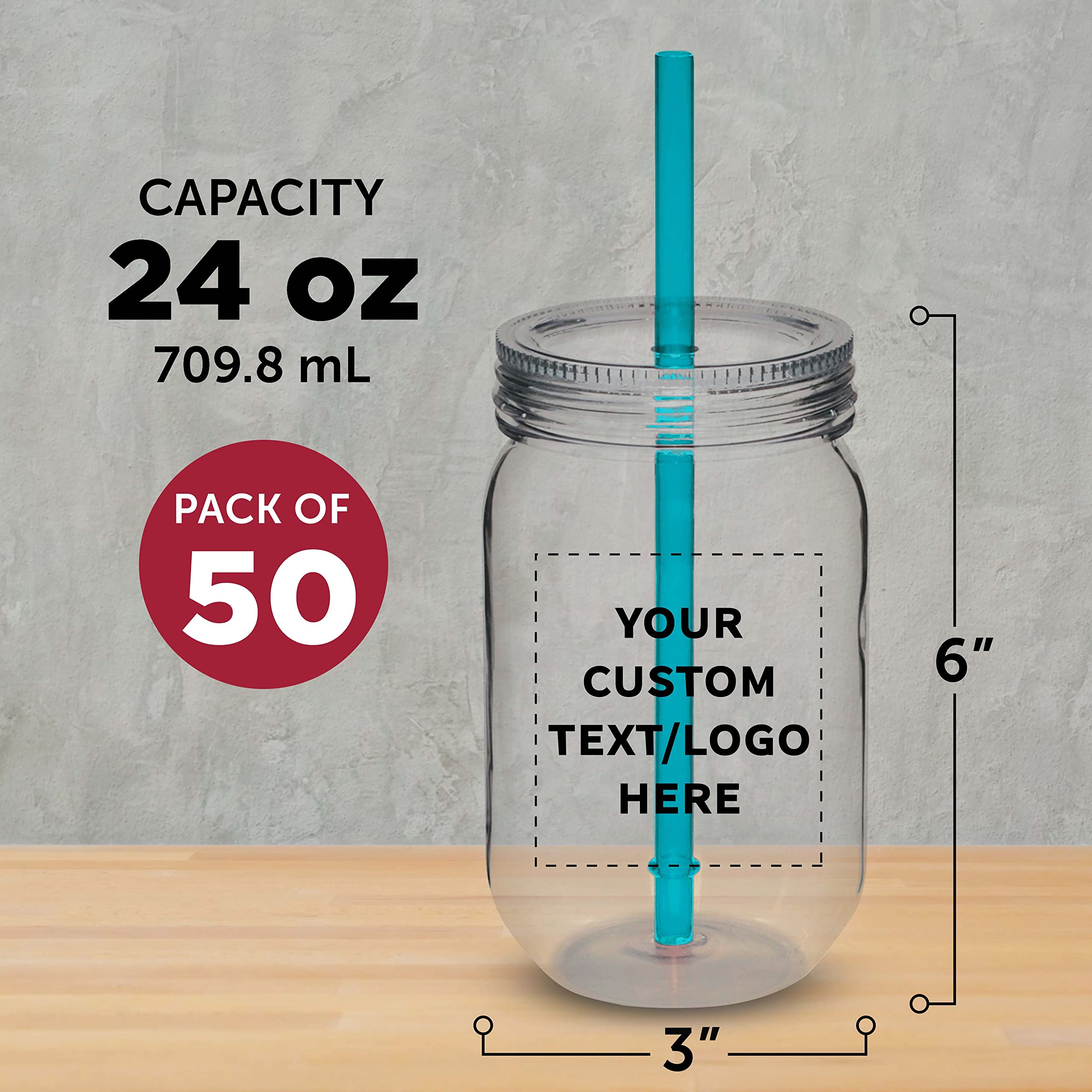 Custom 24 oz Plastic Mason Jars with Straws - Bulk Pack of 50 Personalized Drink Containers for Overnight Oats, Candies, Pickles & Beverages | Reusable BPA-Free Jars for Parties, Picnics, Meal Prep & Home Storage (Aqua Color)
