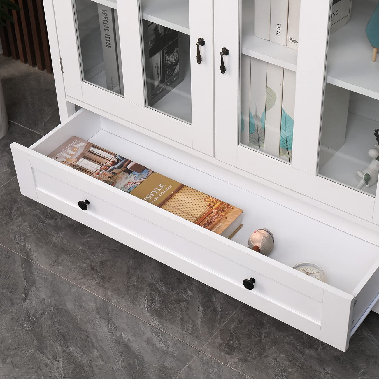 White Buffet Cabinet with Glass Doors & Drawers - Large Storage Sideboard for Dining Room, Living Room & Entryway - Wooden Credenza Console Table with Shelves - Perfect for Kitchen Storage, Pantry Organization & Home Decor Display