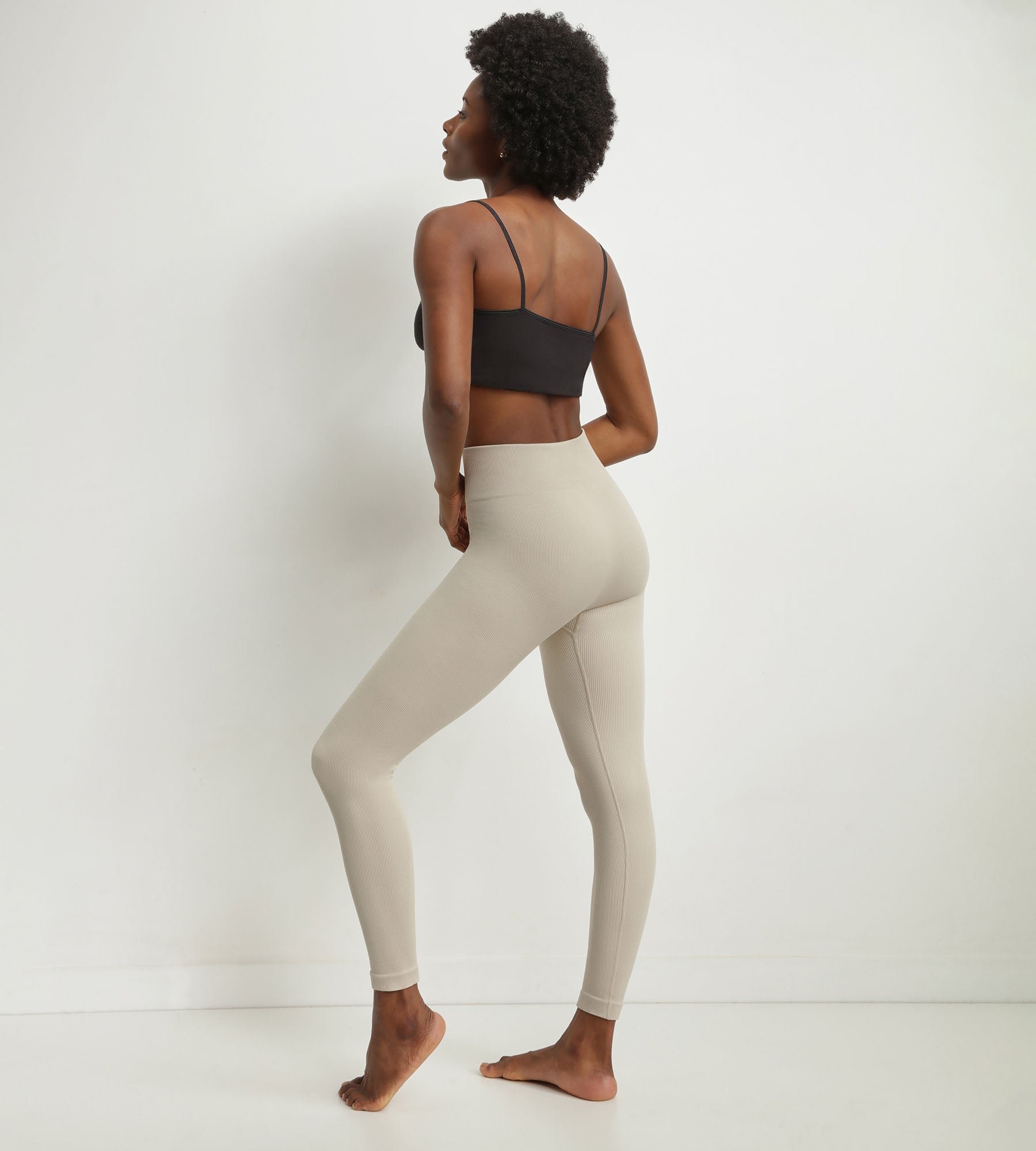 Women's Beige Ribbed Knit Leggings - High Waisted Stretchy Comfortable Yoga Pants for Workout, Lounge & Everyday Wear