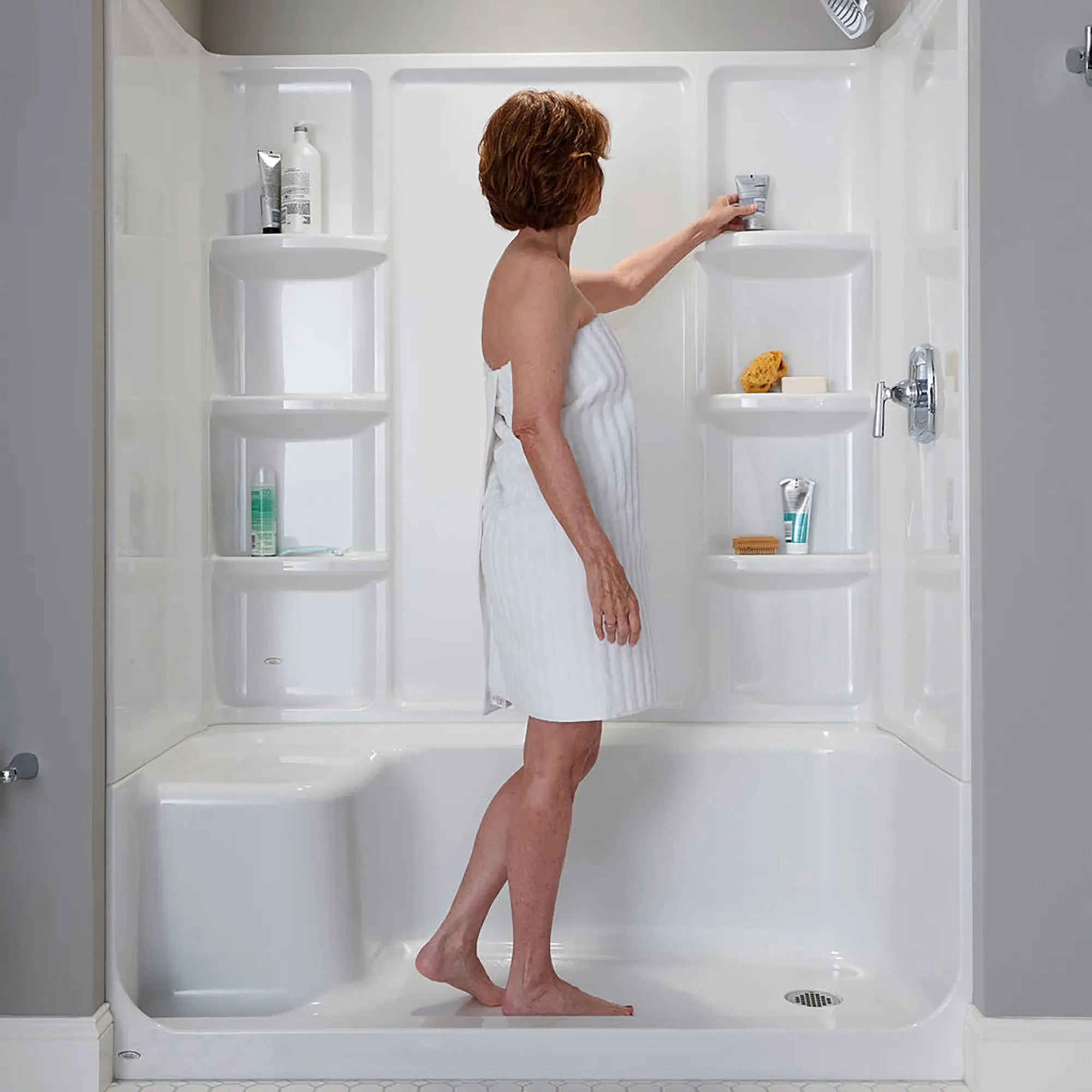 Elevate Seated Shower Base with Right Hand Outlet - ADA Compliant Walk-In Bathtub Replacement for Elderly & Disabled - Safe Bathing Solution for Seniors with Mobility Issues (White)