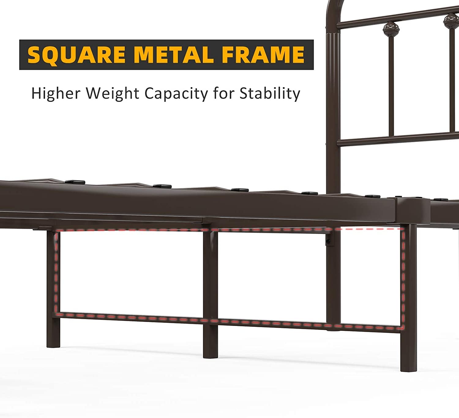 Queen Metal Bed Frame with Headboard & Footboard - Sturdy Steel Farmhouse Bedframe, No Box Spring Needed, Under Bed Storage - Perfect for Kids' Rooms, Guest Bedrooms & Small Spaces (Brown)
