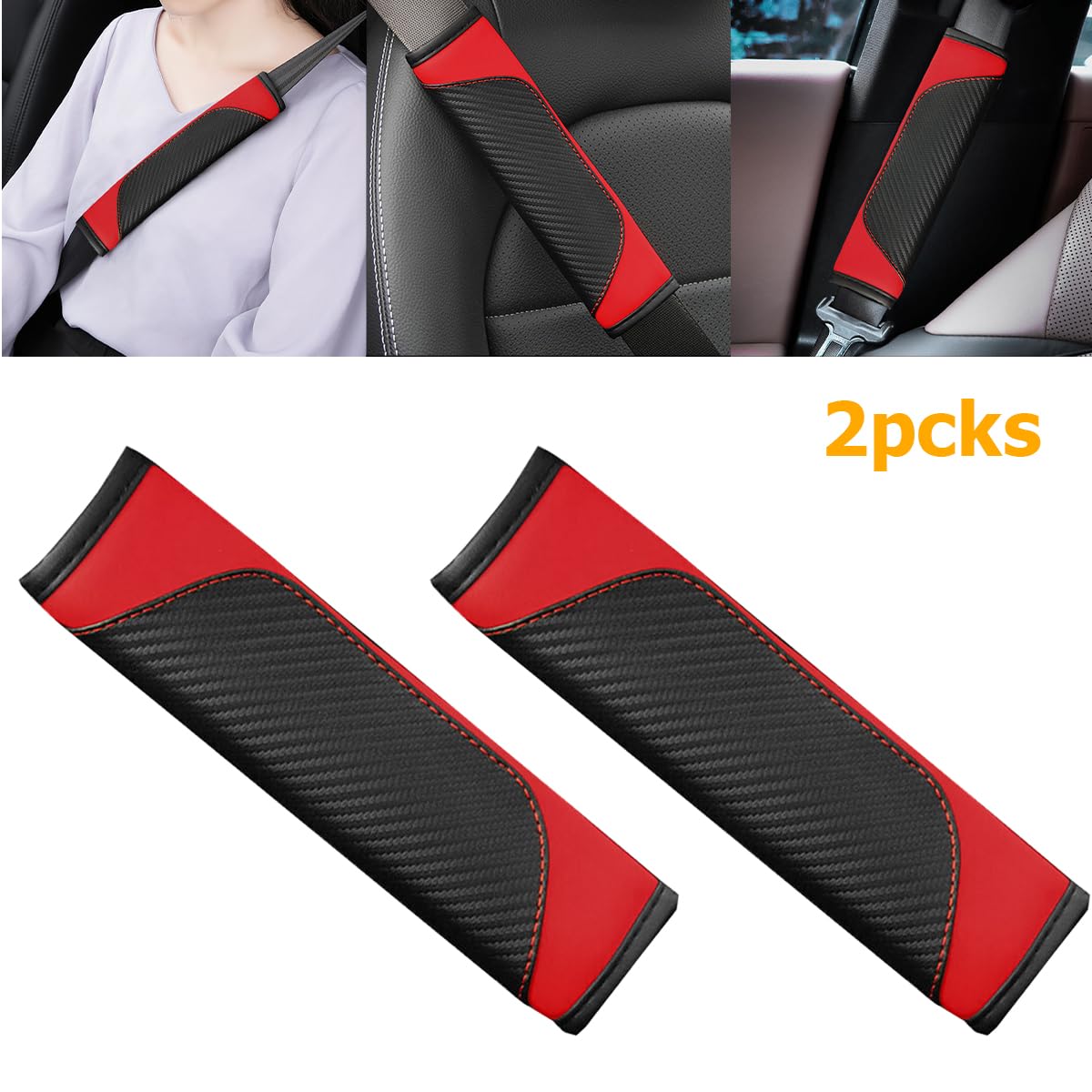 2PCS Carbon Fiber Car Seat Belt Cover - Soft Shoulder Protection Pad for Comfort & Safety - Neck & Shoulder Cushion for Car, Truck - Red Car Accessories (Perfect for Long Drives & Daily Commutes)