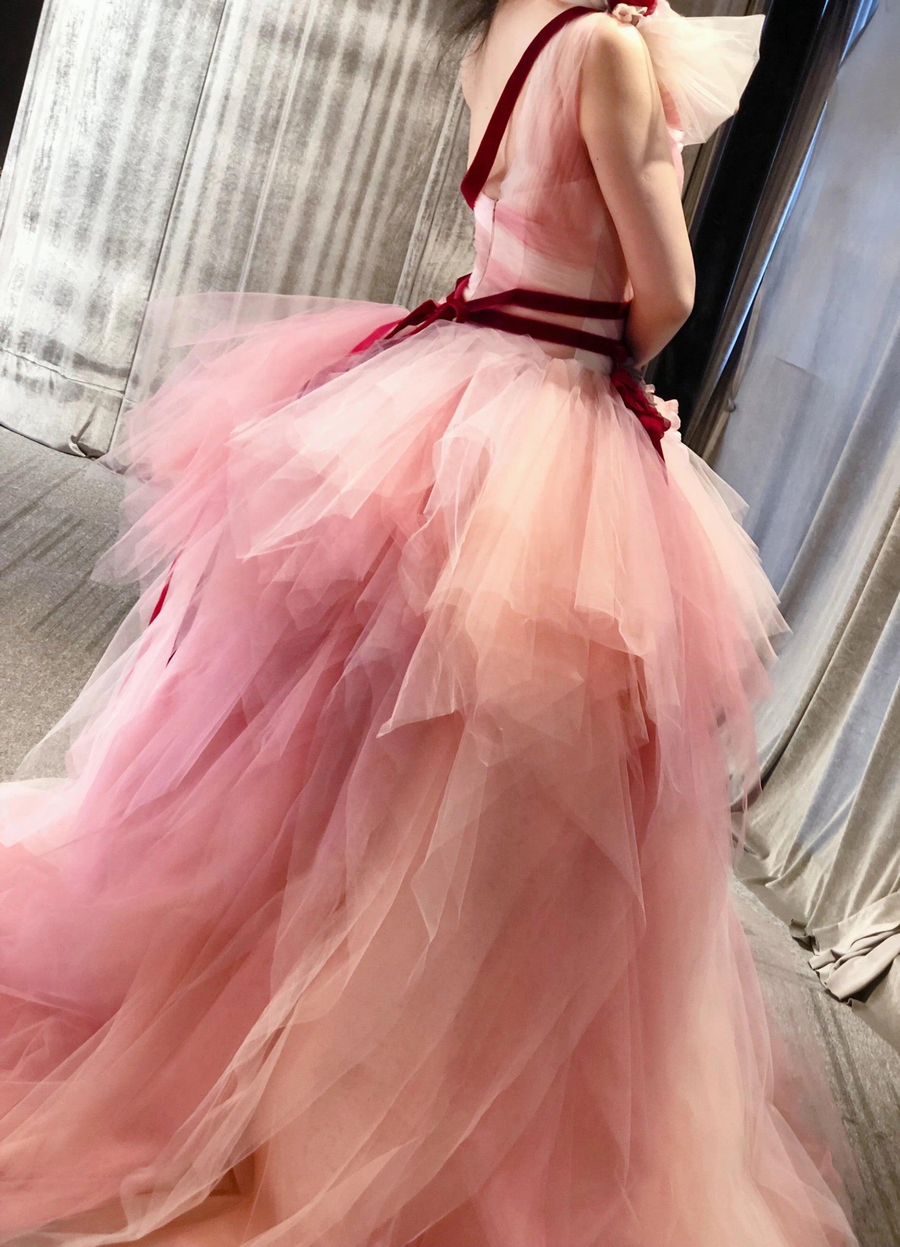 Elegant Pink One Shoulder Evening Gown - Custom Made Floor Length Dress with Handmade Floral Details | High Quality Formal Wear for Prom, Wedding, and Special Occasions