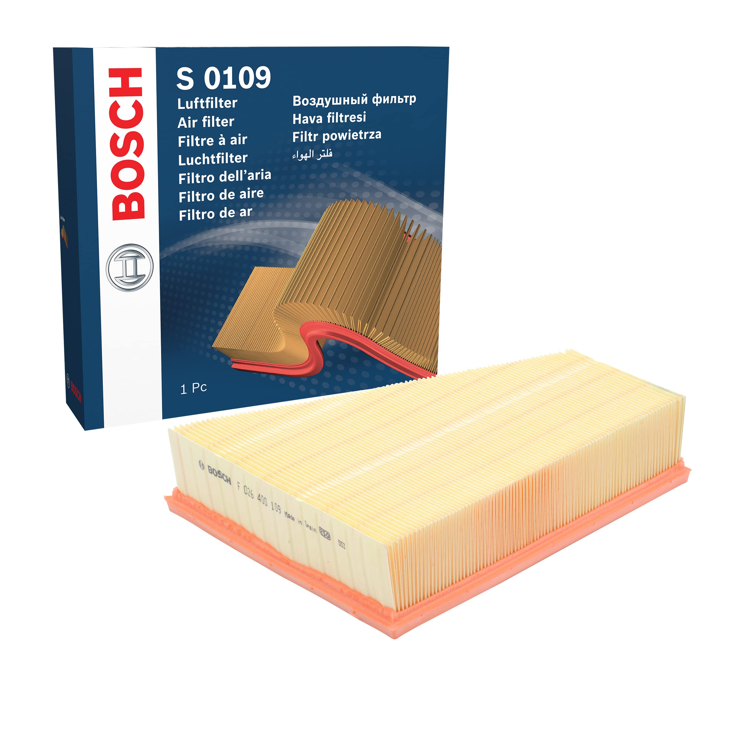 Bosch S0109 Premium Car Air Filter - High Performance Engine Protection for Sedans, SUVs & Trucks | Improves Airflow & Fuel Efficiency | Perfect for City Driving & Off-Road Adventures