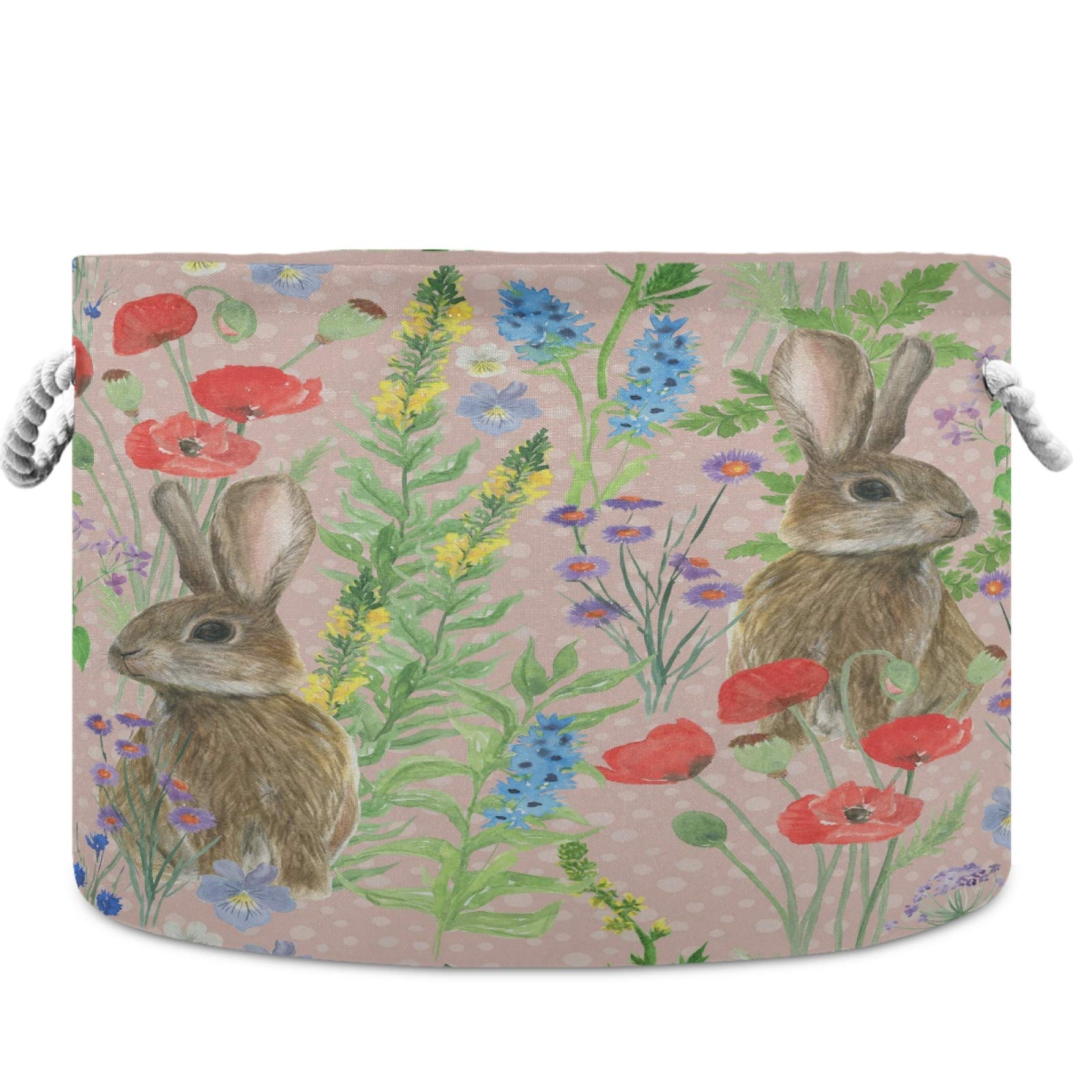 Visesunny Collapsible Fabric Storage Basket - Beautiful Floral Bunny Design for Laundry, Toys & Clothes | Perfect for Bathroom, Bedroom, Nursery, Closet & Office Organization | Foldable Storage Bin with Handles for Easy Space Saving
