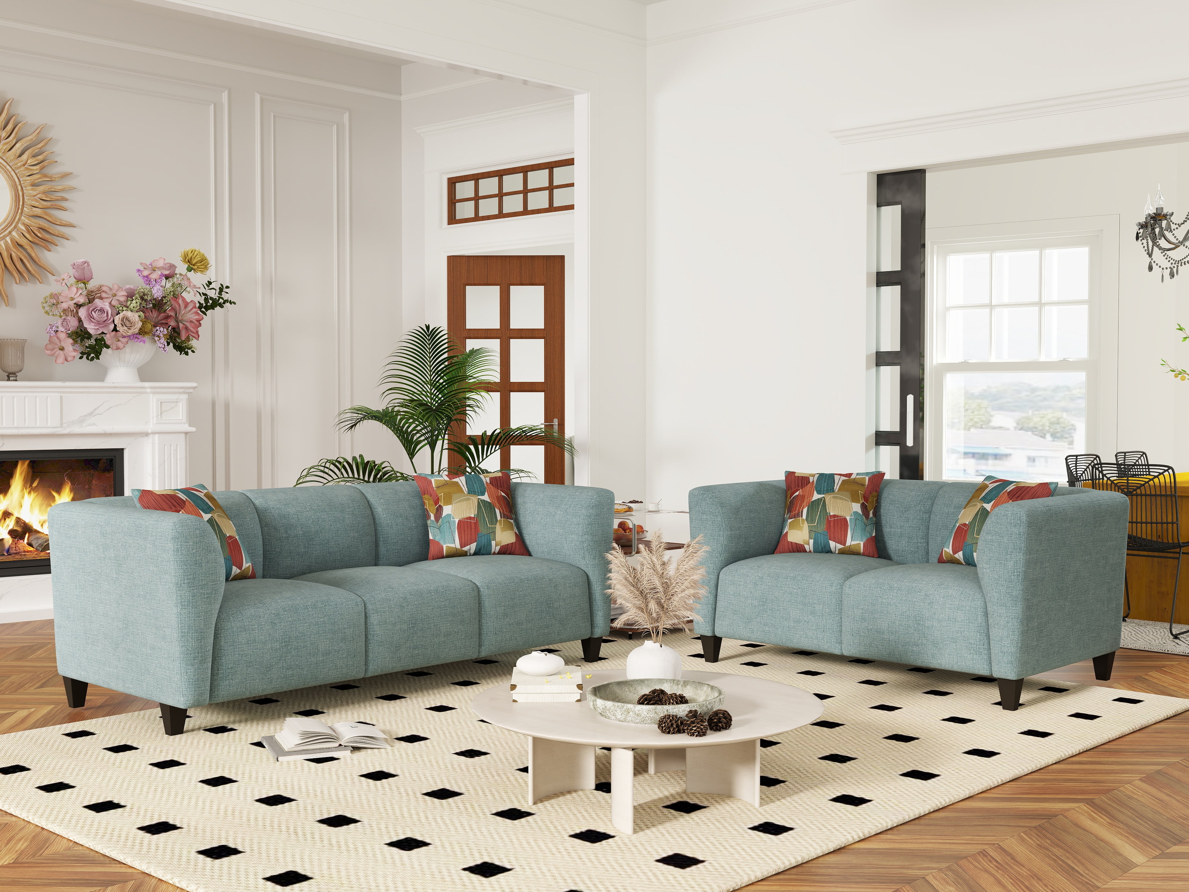 Roundhill Furniture Della Upholstered Sofa and Loveseat Set - Modern Living Room Furniture for Small Spaces | Perfect for Apartments, Condos & Cozy Homes