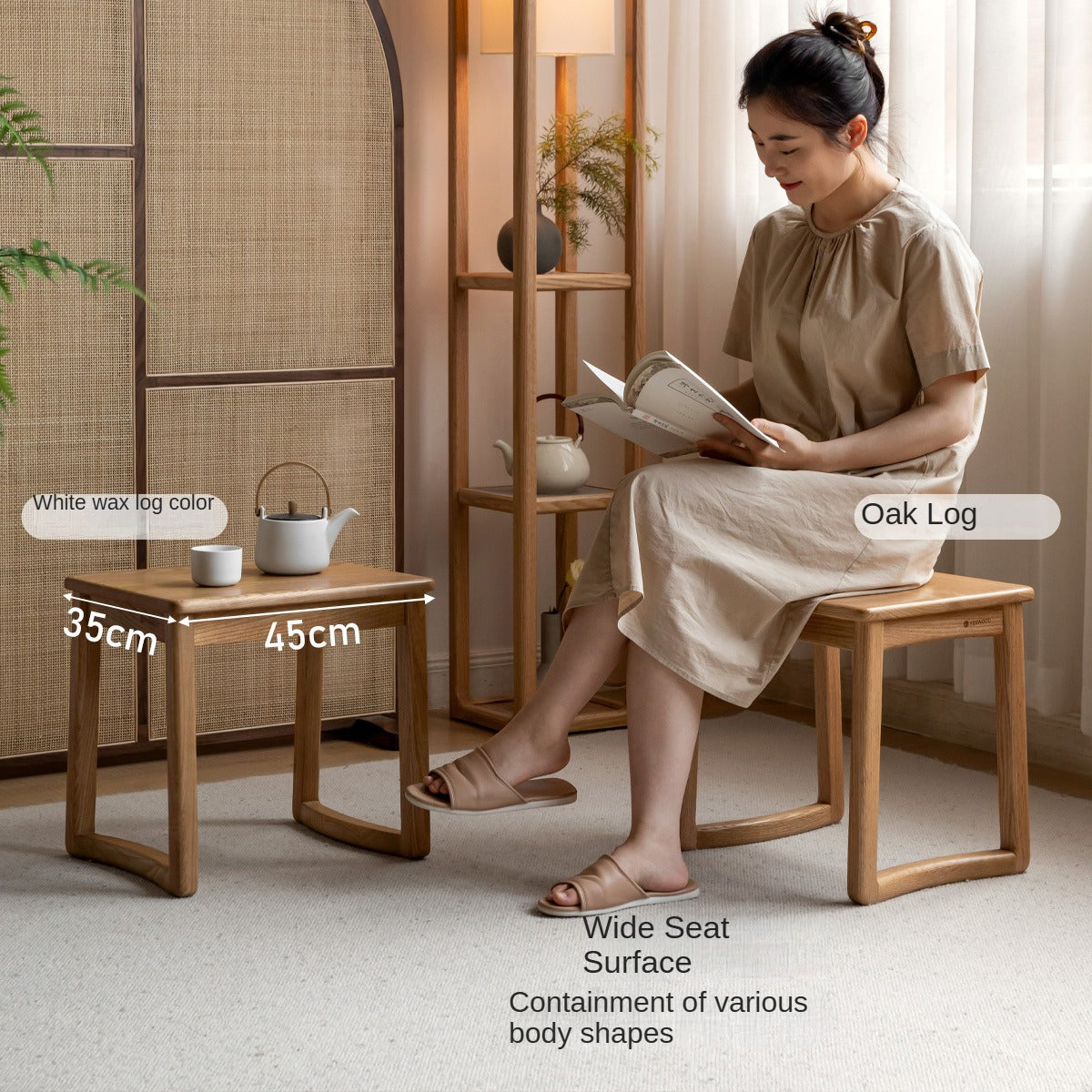 Premium Oak & Ash Solid Wood Tea Stool - Handcrafted Rustic Side Table for Living Room, Bedroom, or Balcony - Perfect for Tea Ceremonies, Reading Nook, or Decorative Accent